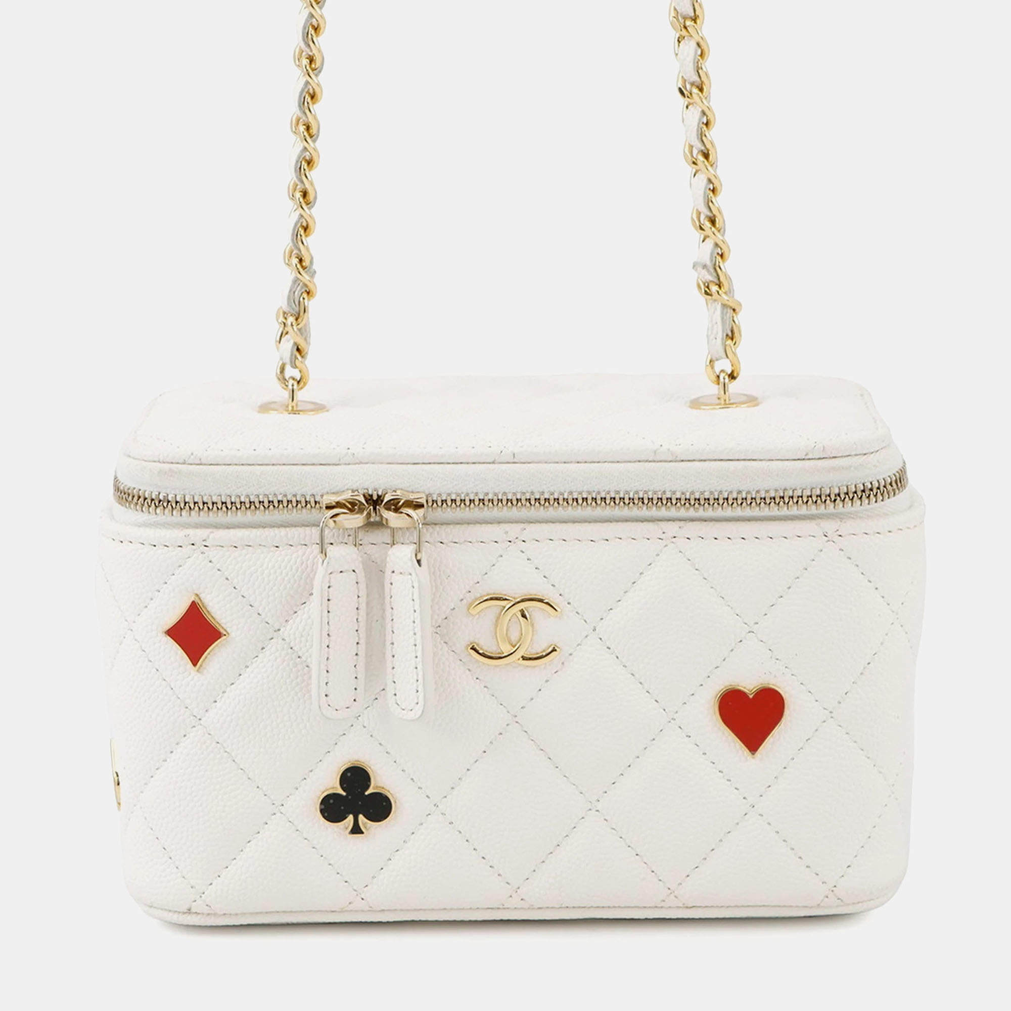 مملوكة مسبقًا حقيبة كتف شانيل سلسلة كو كو مارك ماتلاسي لعب الورق كافيار جلد أبيض