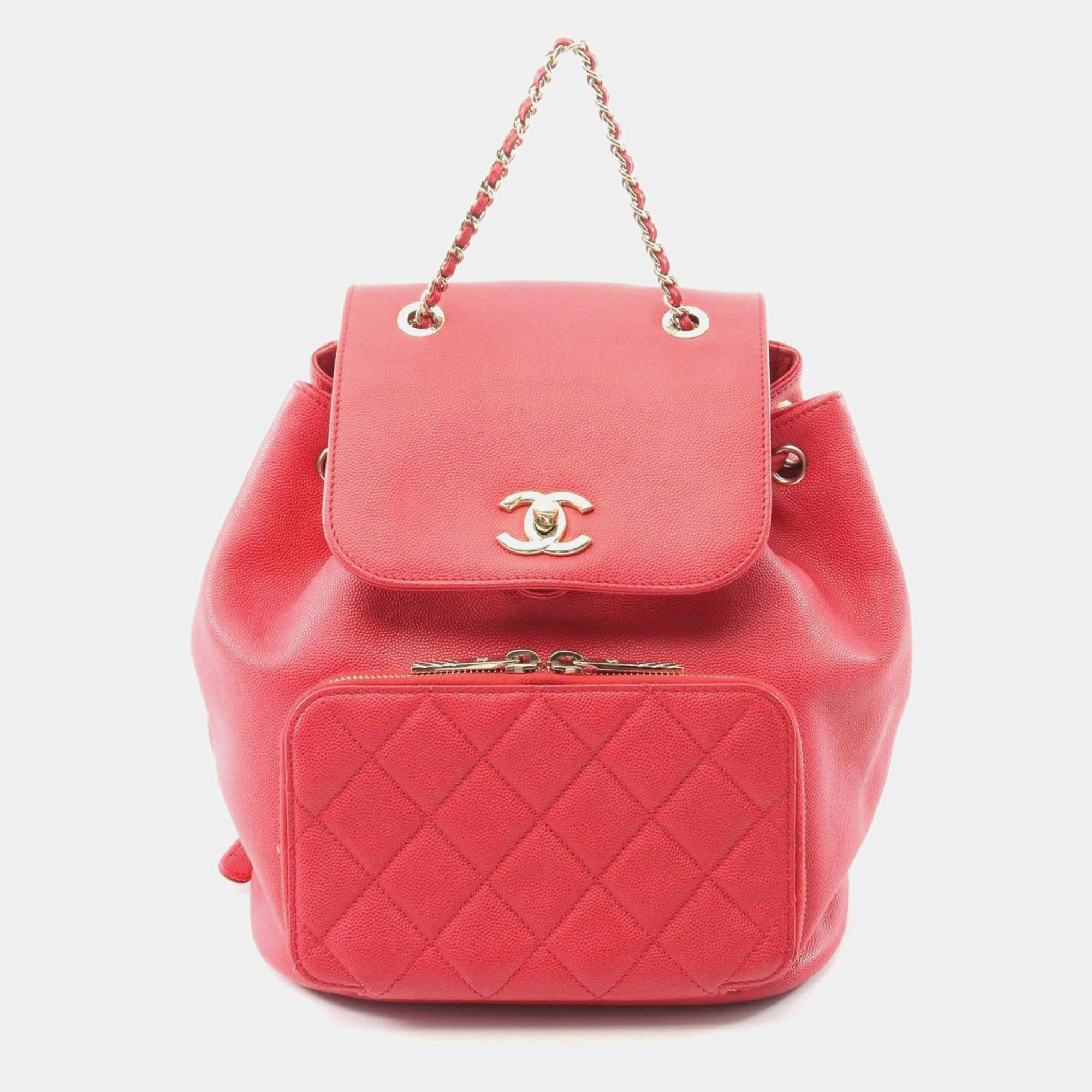 Pre Owned Chanel Business Affinity Matelasse Backpack Bag In Calfskin Leather Cowhide Red