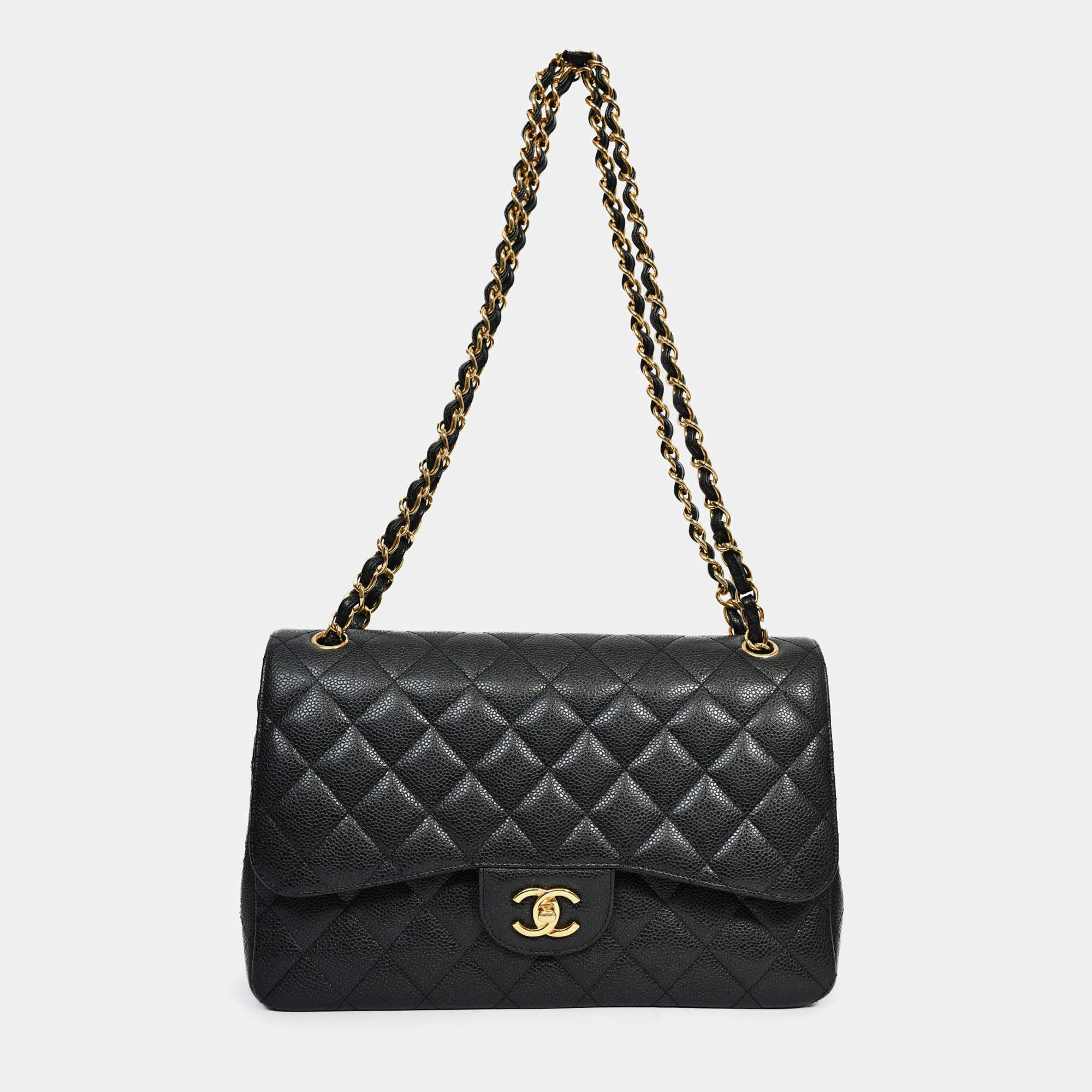 Pre Owned Chanel 2021 Black Caviar Leather Jumbo Double Flap Bag GHW
