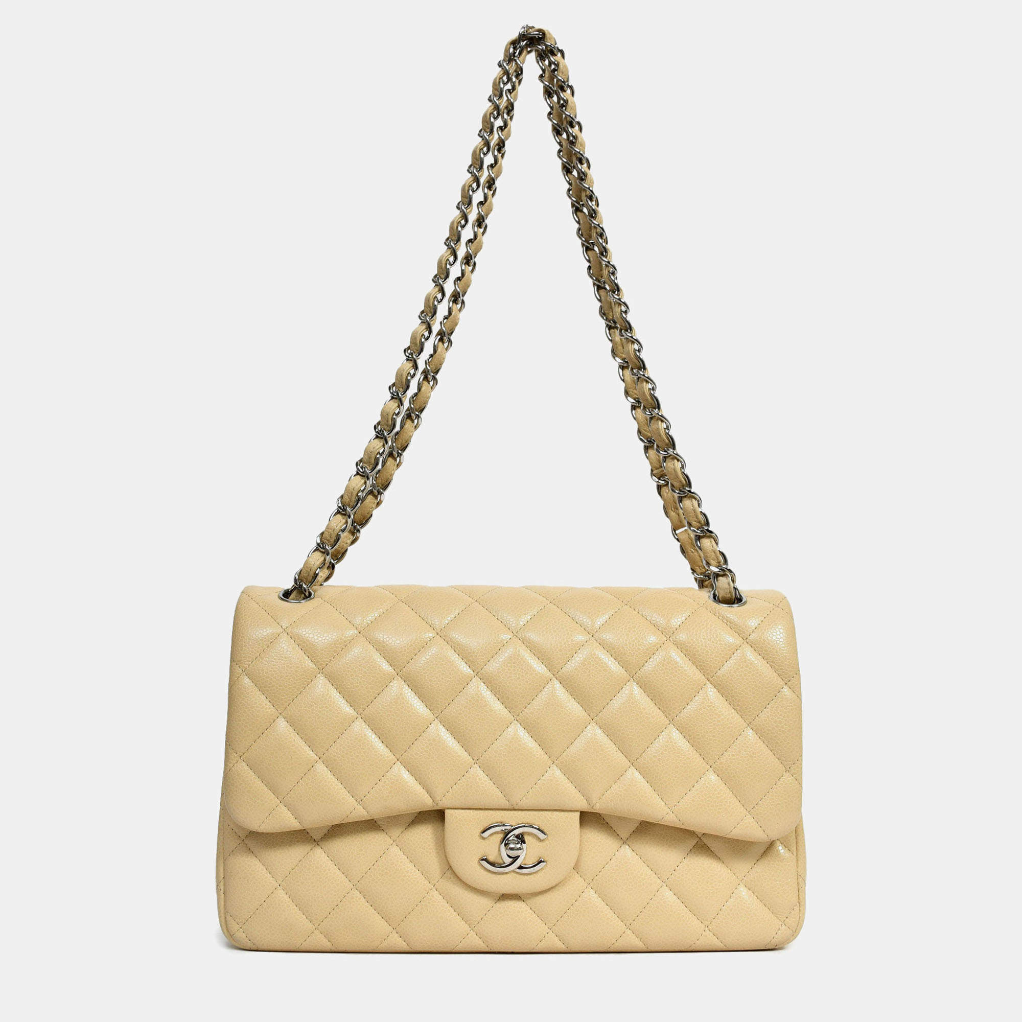 Pre Owned Chanel 2011-12 Beige Caviar Leather Jumbo Double Flap Shoulder Bag