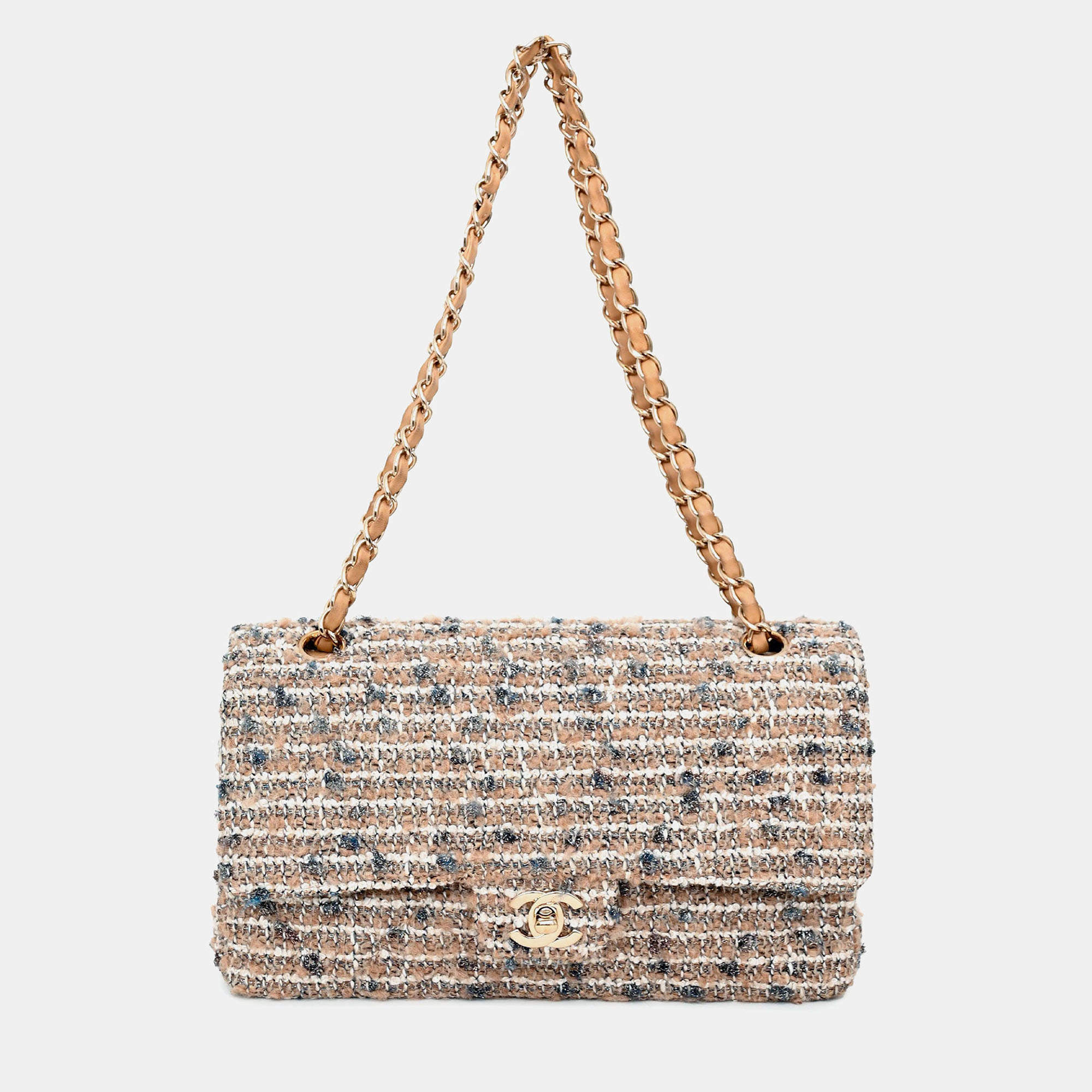 Pre Owned Chanel 2005/2006 Cream Tweed Medium Double Flap