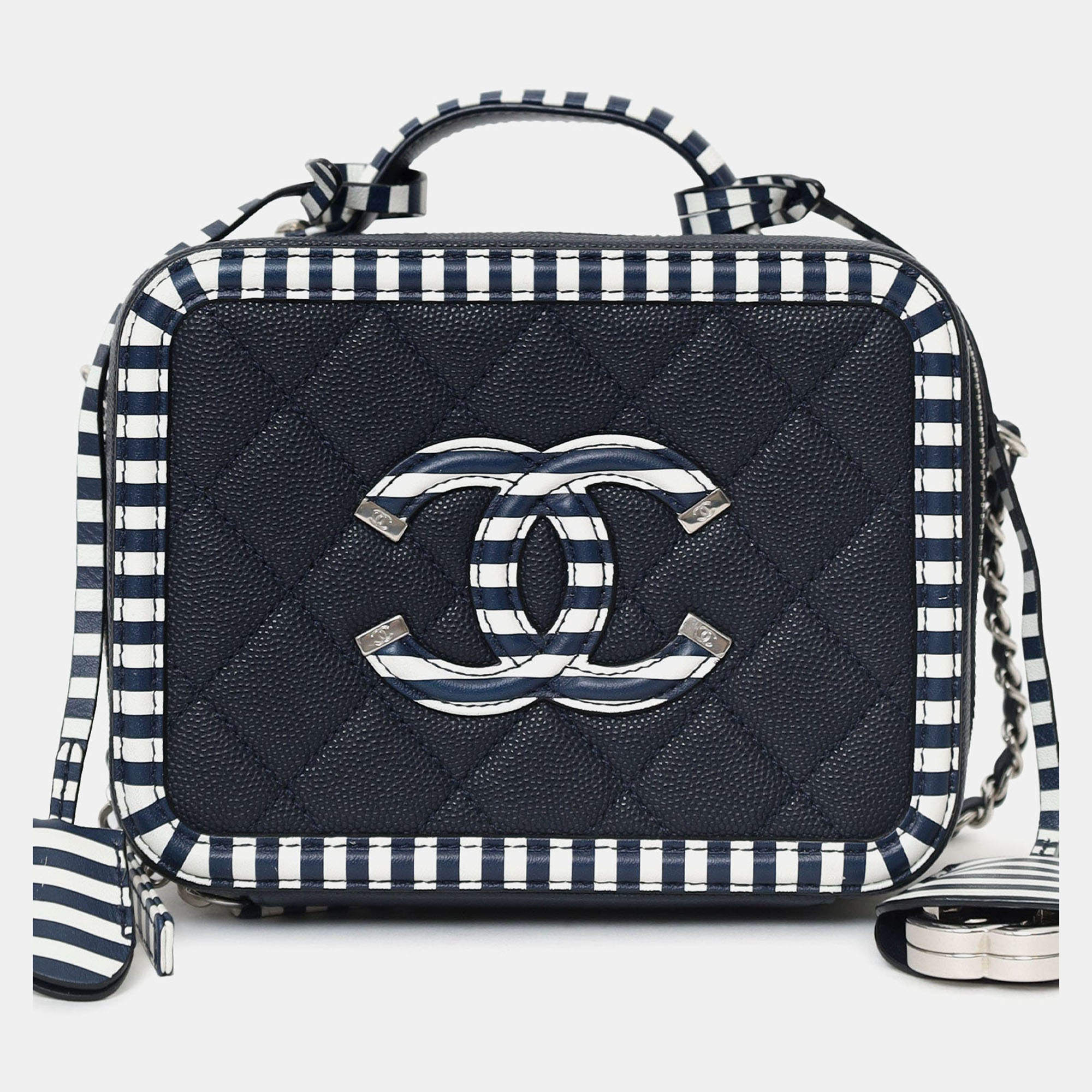 Pre Owned Chanel 2019 Navy/White Caviar Quilted Striped Small CC Filigree Vanity Case