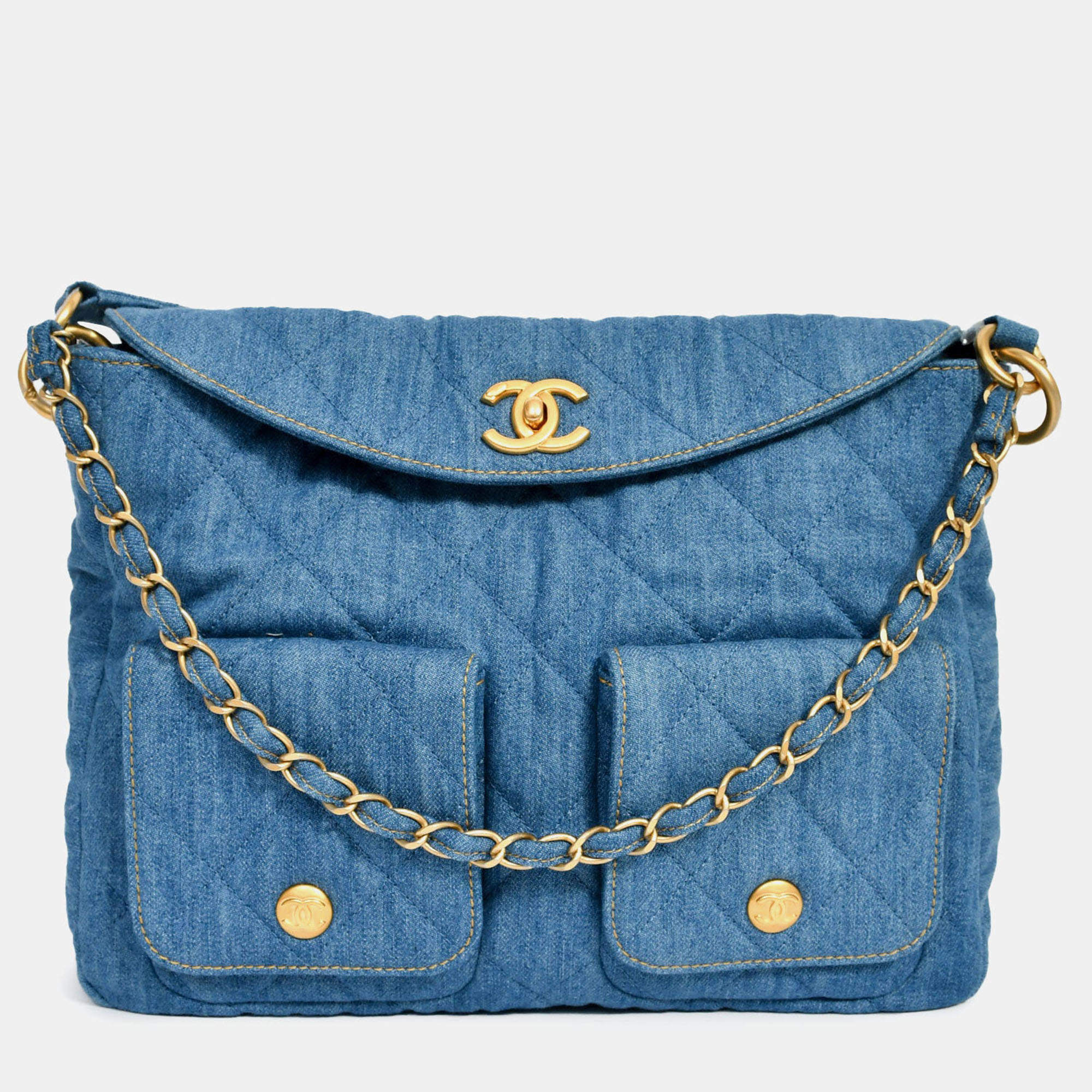 Pre Owned Chanel 2025 Blue Denim Large 'Supple Twin' Shoulder Bag
