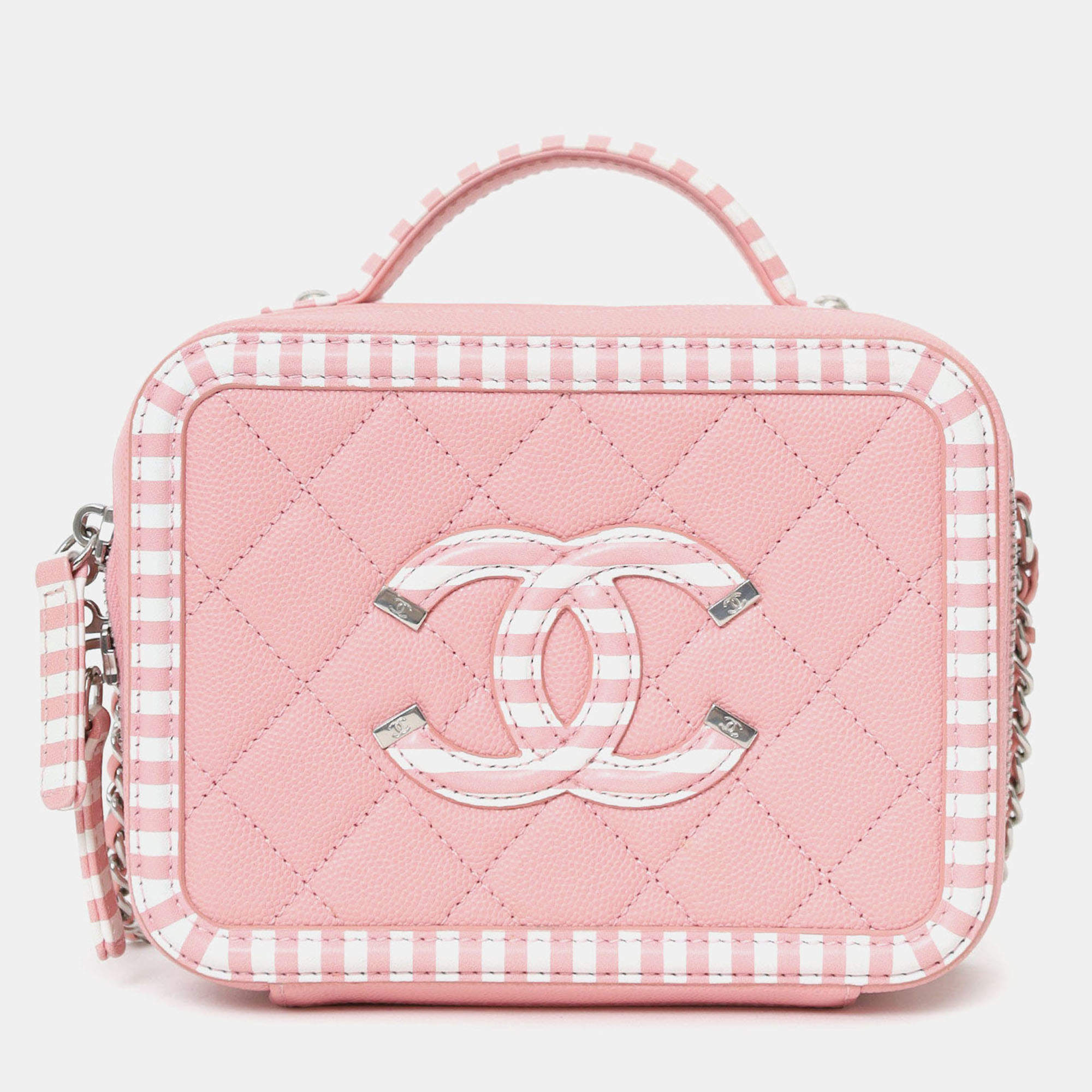 Pre Owned Chanel 2019 Pink/White Caviar Quilted Striped Small CC Filigree Vanity Case