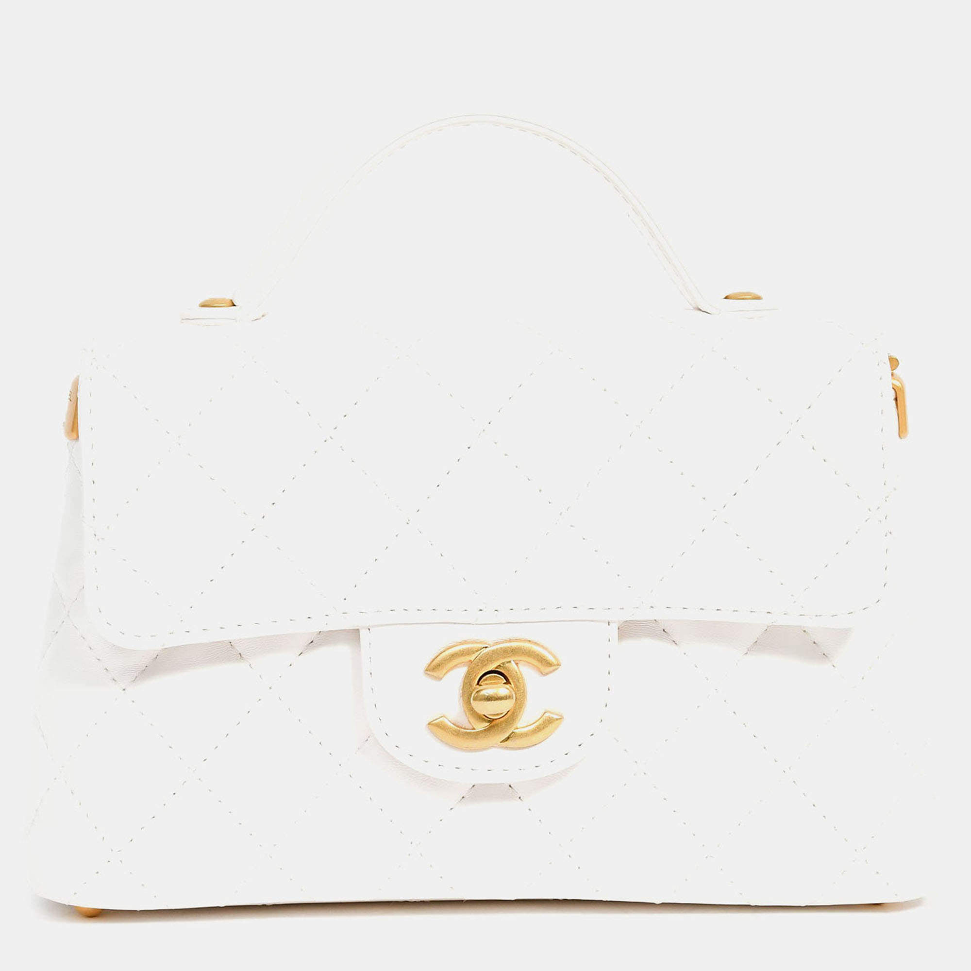 مملوكة مسبقًا حقيبة شانيل مقبض علوي مستطيلة صغيرة جلد حمل أبيض 2025