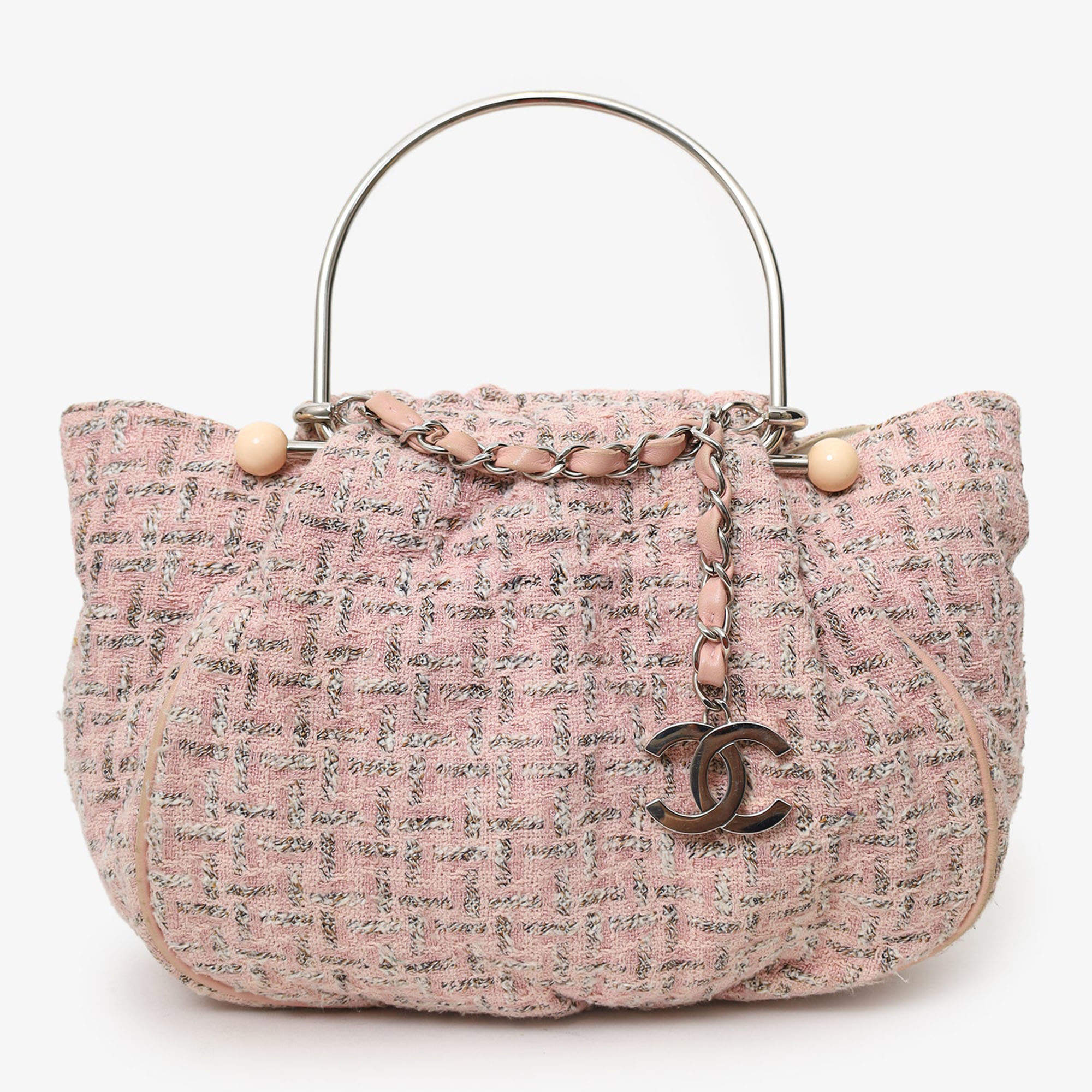 Pre Owned Chanel  2005-06 Pink Tweed CC Boucle Knitting Bag