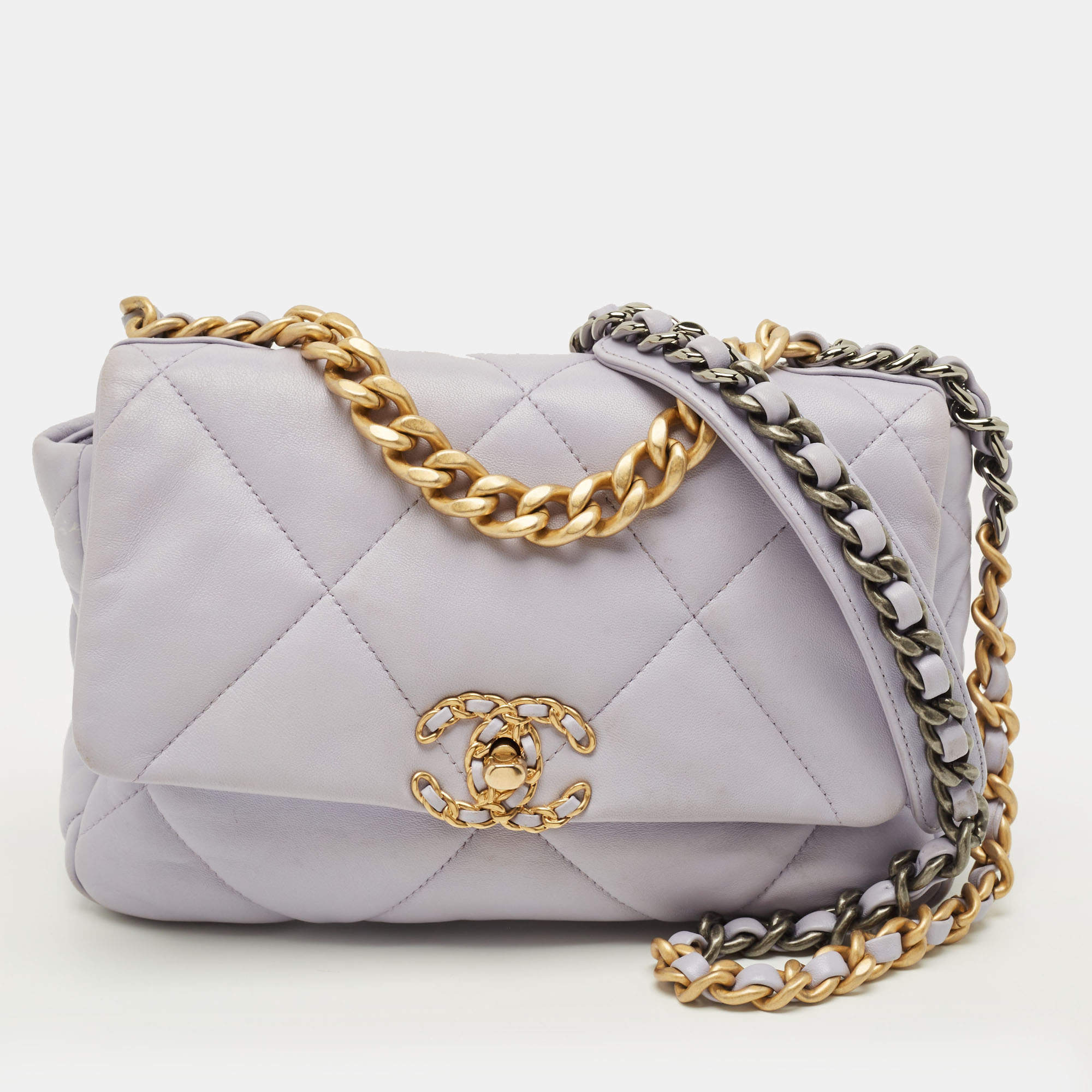 Pre Owned Chanel 19 Small Lilac Quilted Leather Flap Bag
