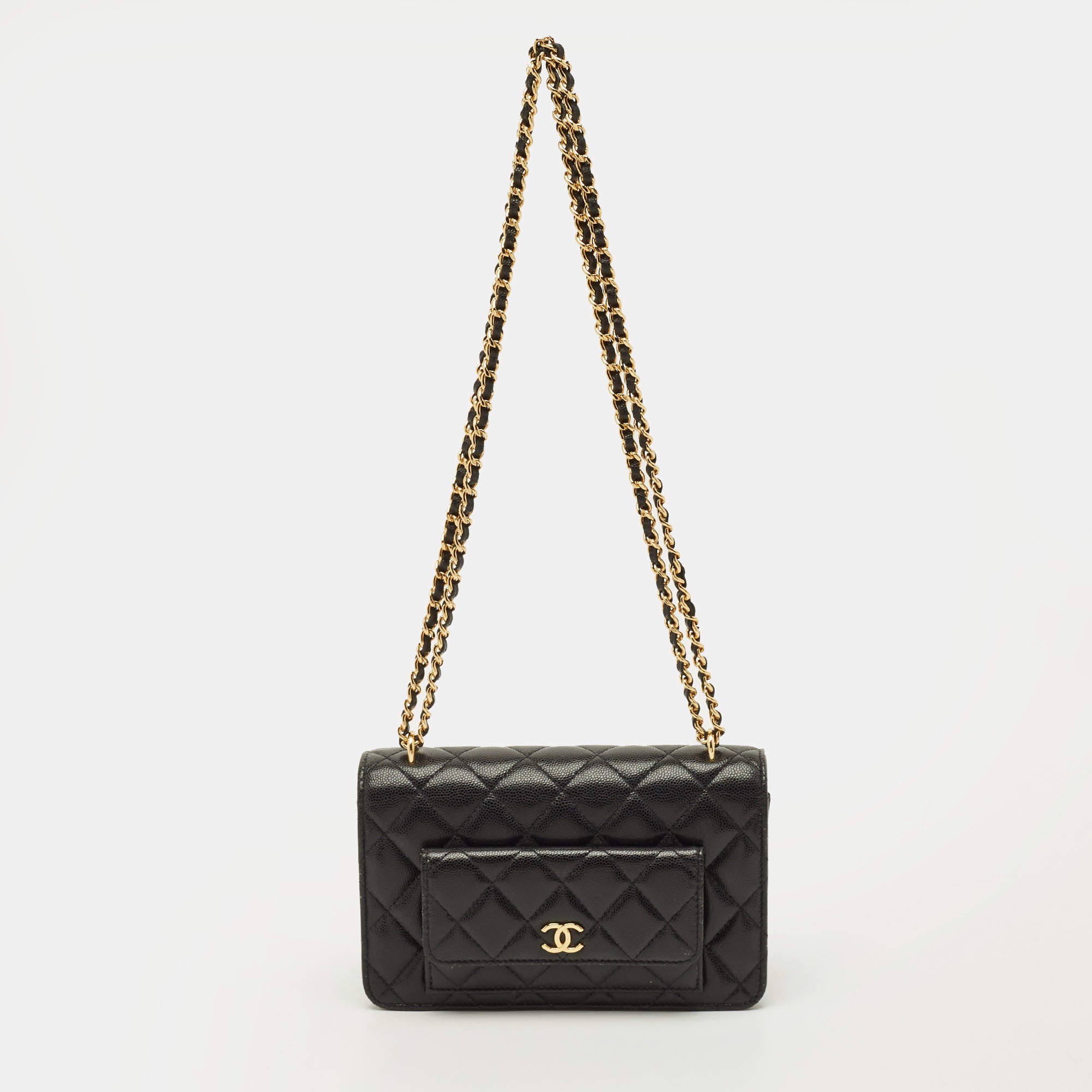 مملوكة مسبقًا Chanel Pocket Twins Black Caviar Quilted Leather Wallet On Chain