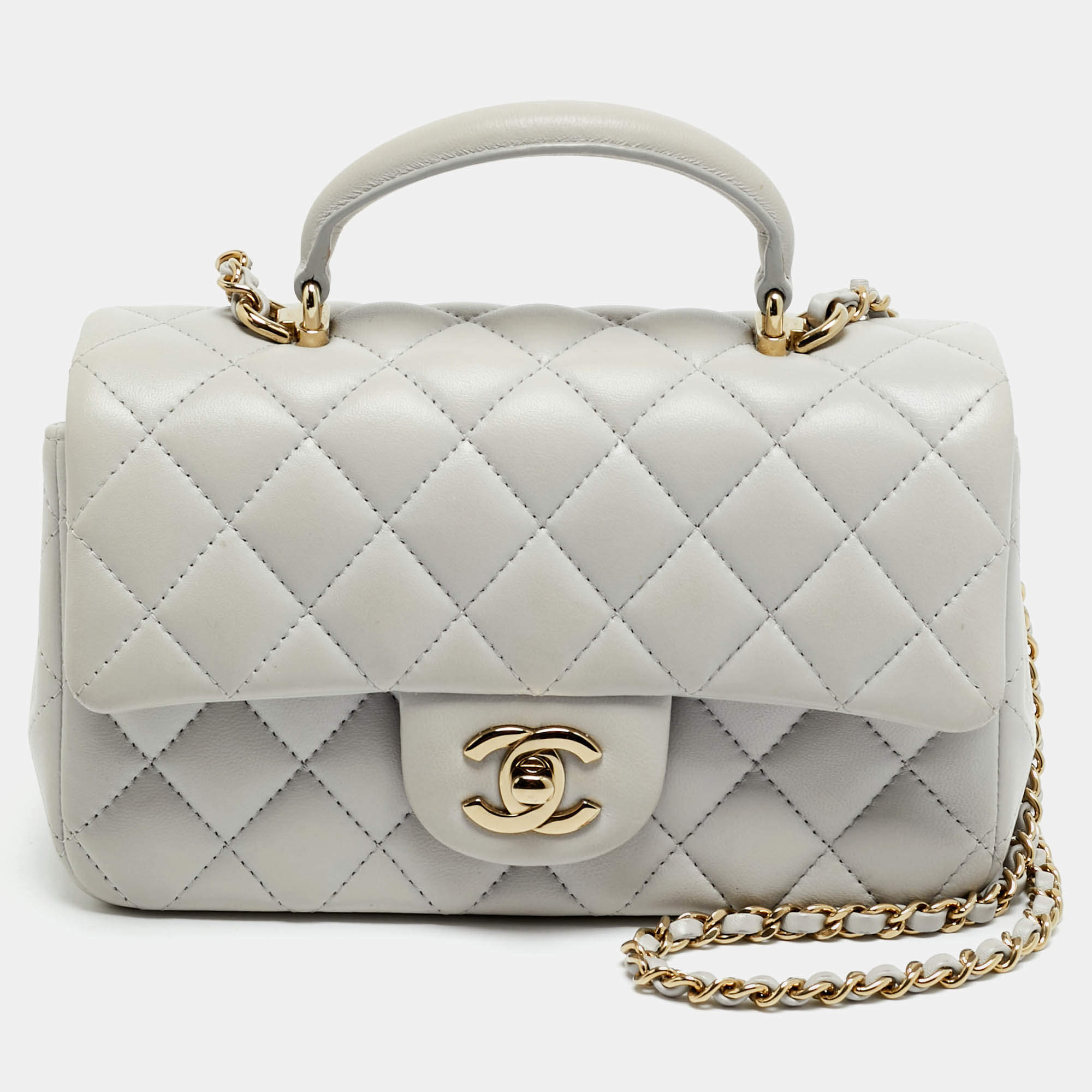 Pre Owned Chanel Mini Grey Quilted Leather Rectangular Top Handle Bag
