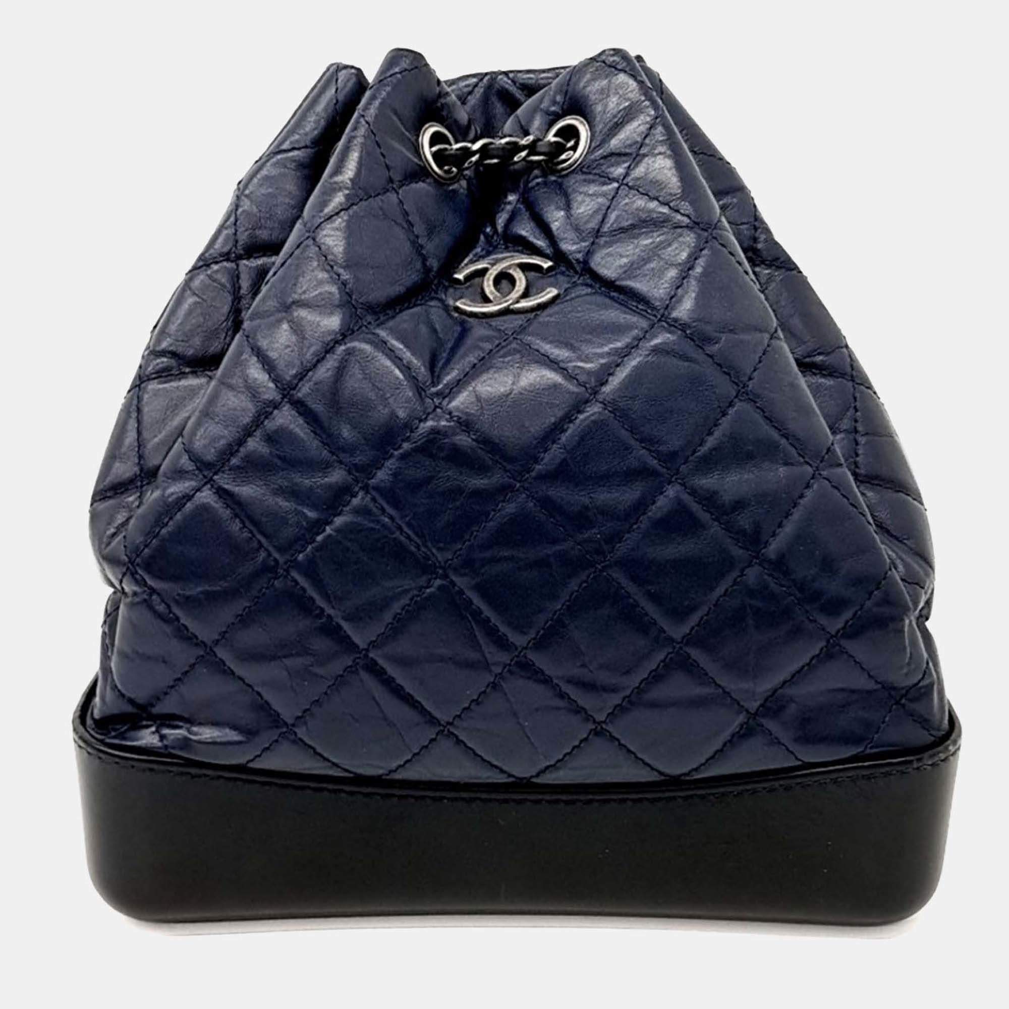 Pre Owned Chanel Navy Blue Leather Gabrielle Backpack Medium