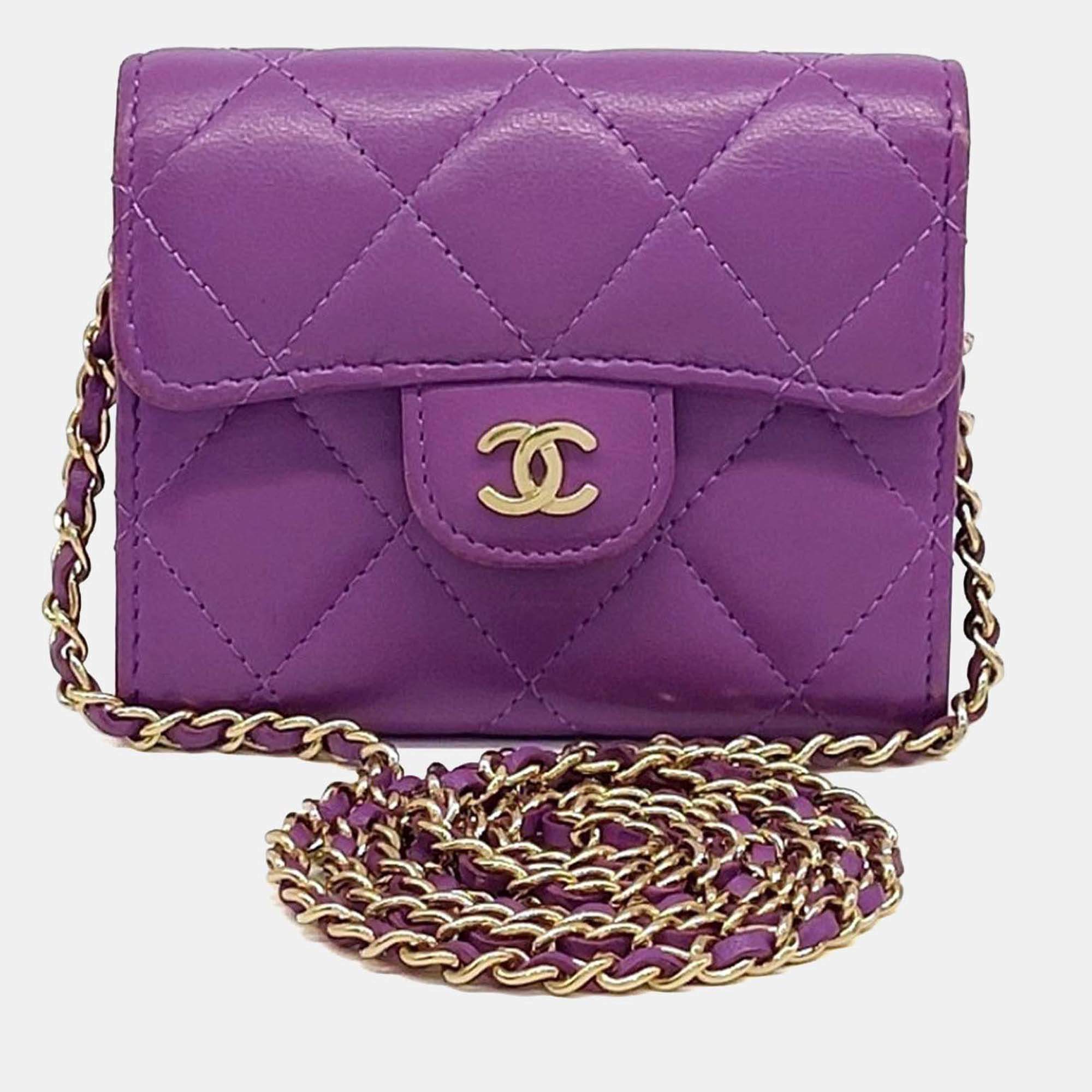 Pre Owned Chanel Purple Leather Lambskin Chain Card Holder