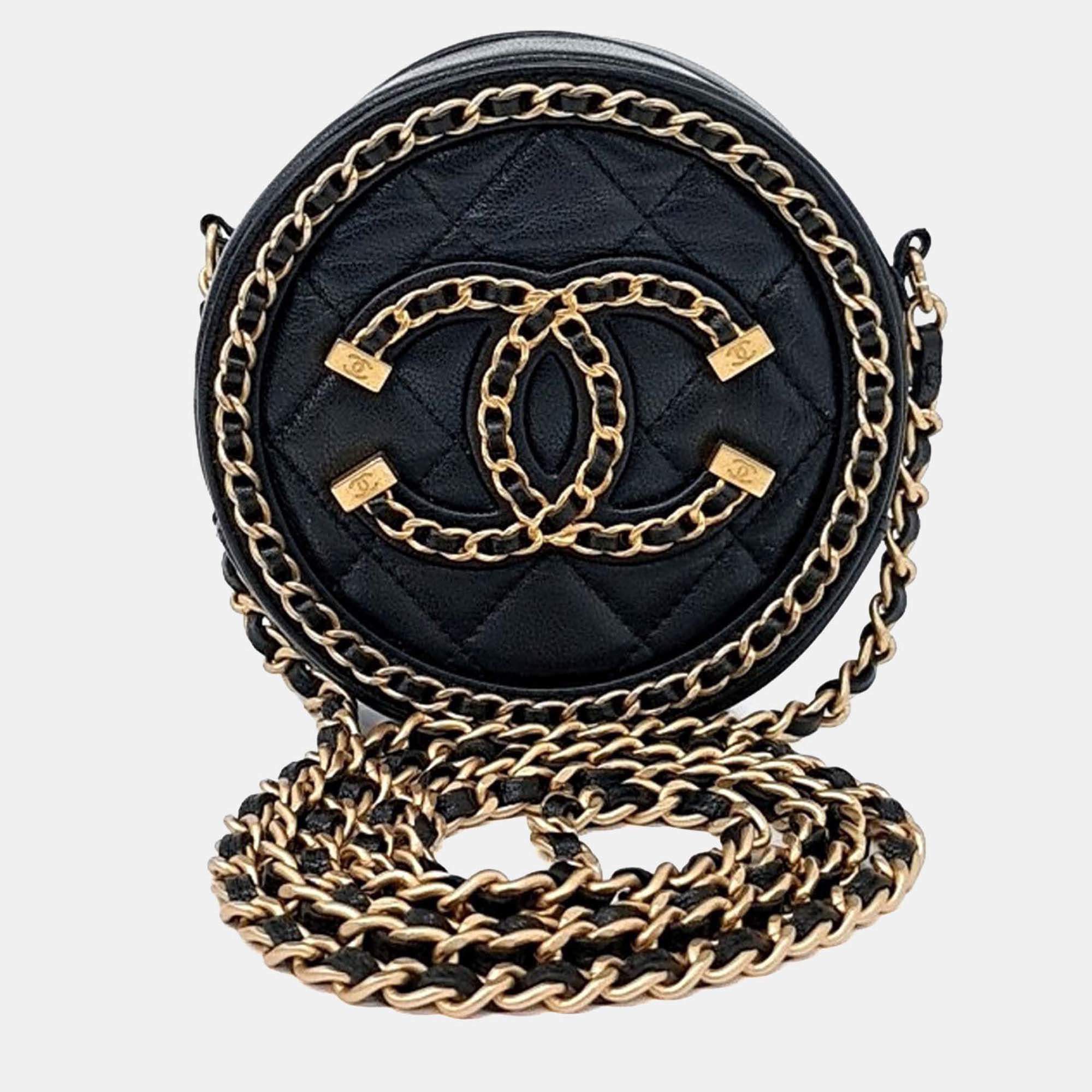 Pre Owned Chanel Black Leather Round Mini Crossbody Bag