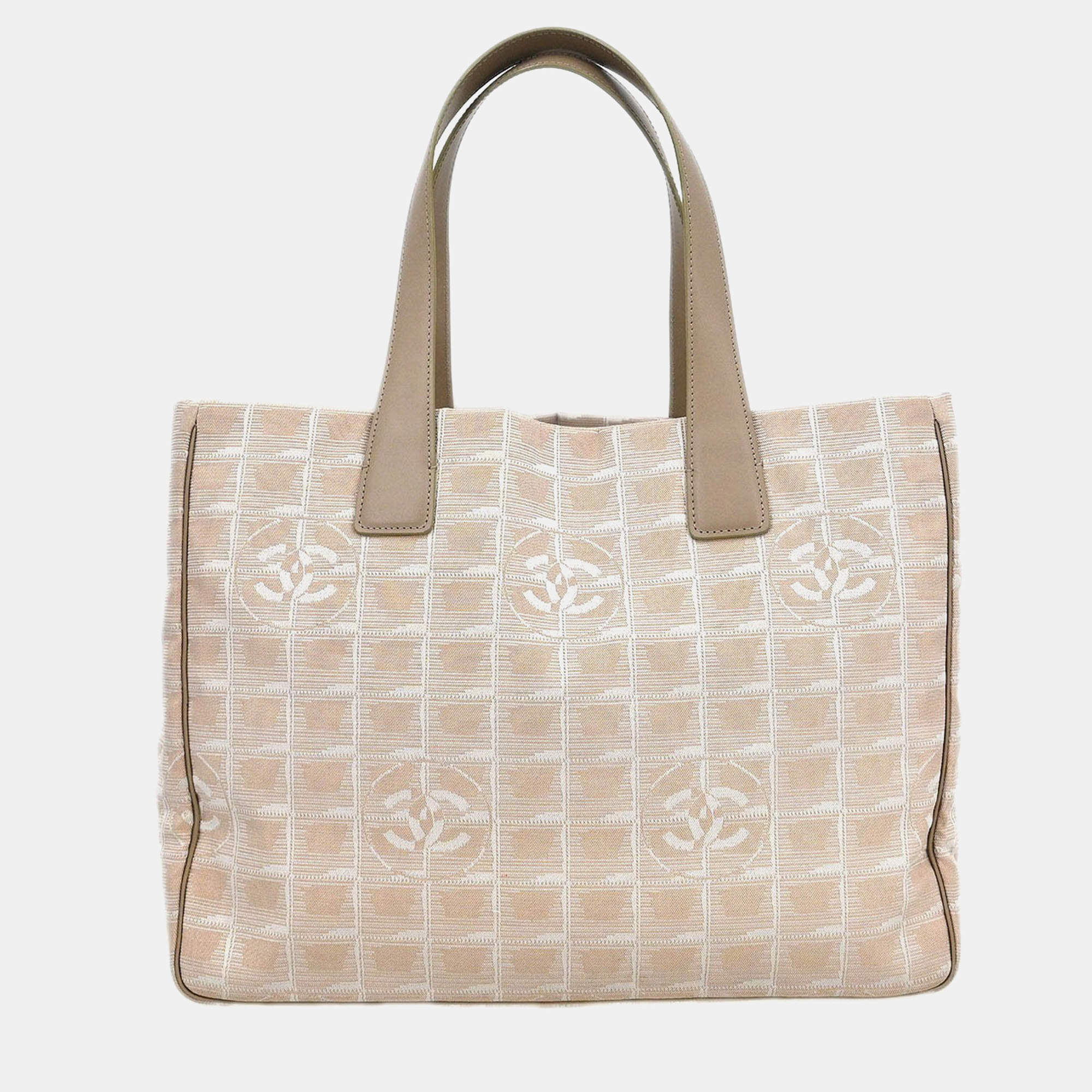 Pre Owned Chanel Beige Jacquard Nylon Travel Line Tote Handbag