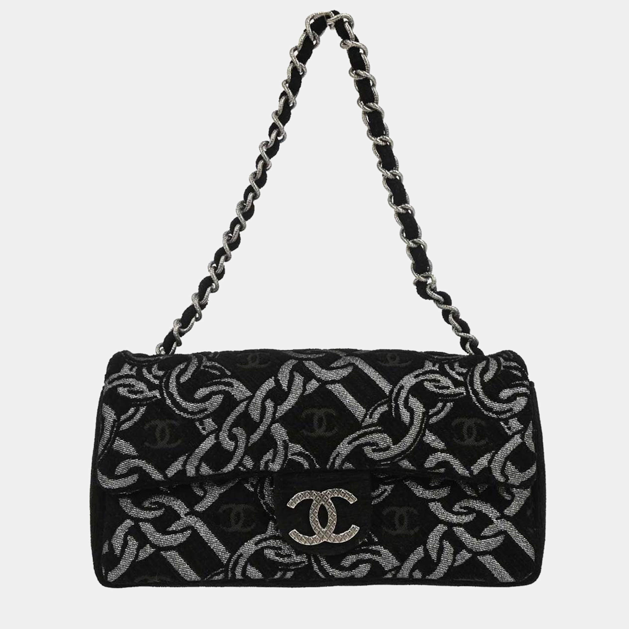Pre Owned Chanel Black Canvas Chain Print Handbag