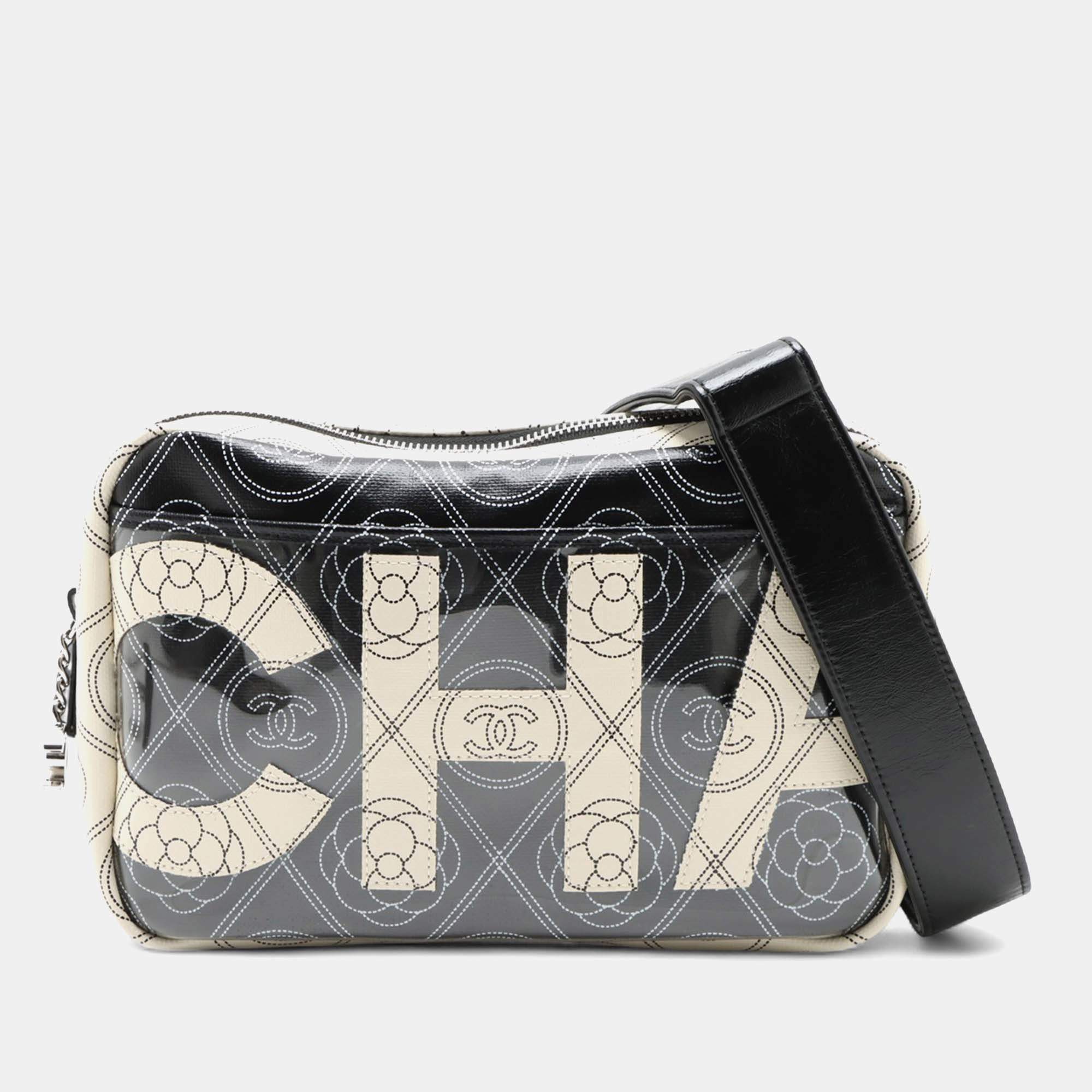 Pre Owned Chanel Black White Coated Canvas Camellia Logo Camera Bag