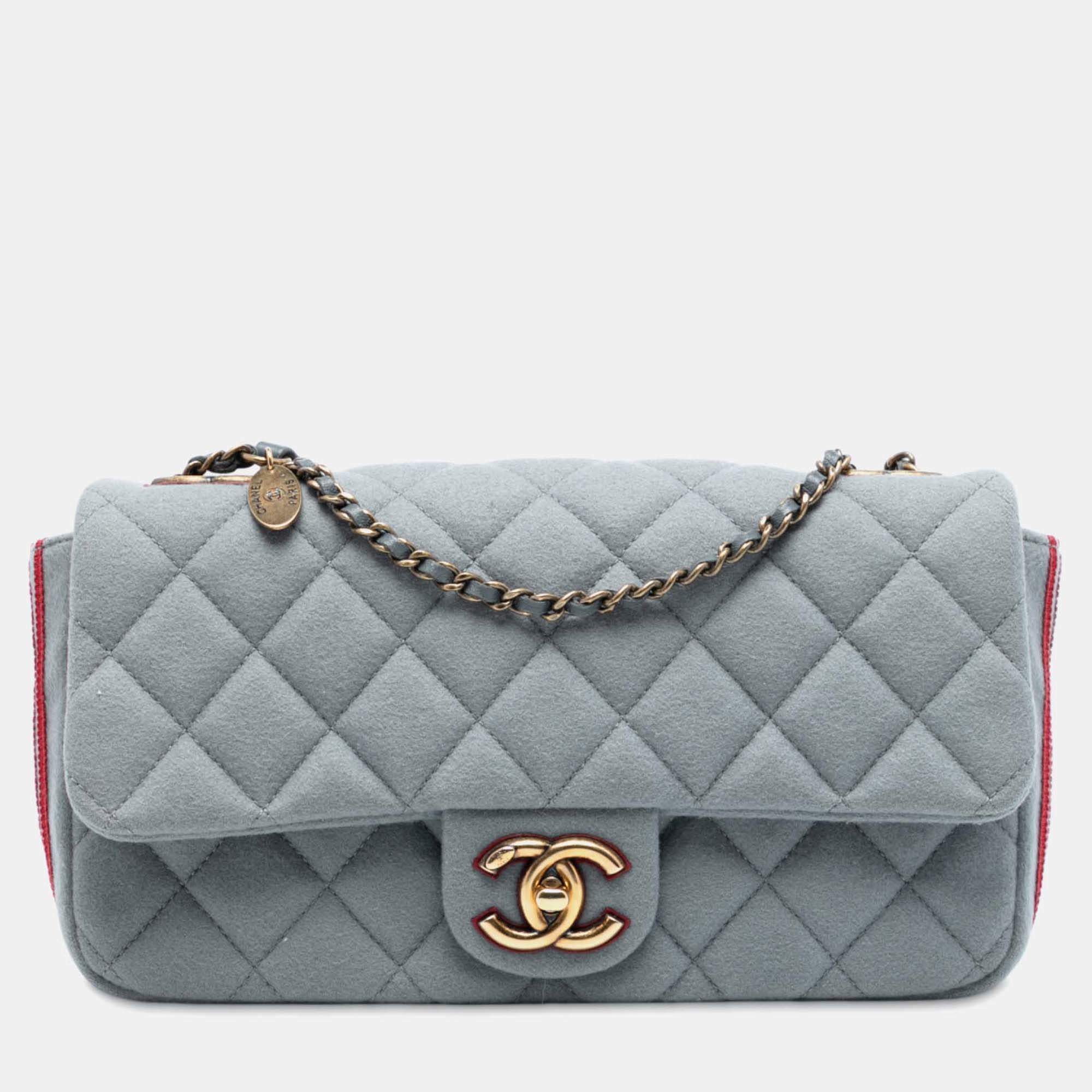 Pre Owned Chanel Paris Salzburg Medium Quilted Felt CC Eyelet Flap