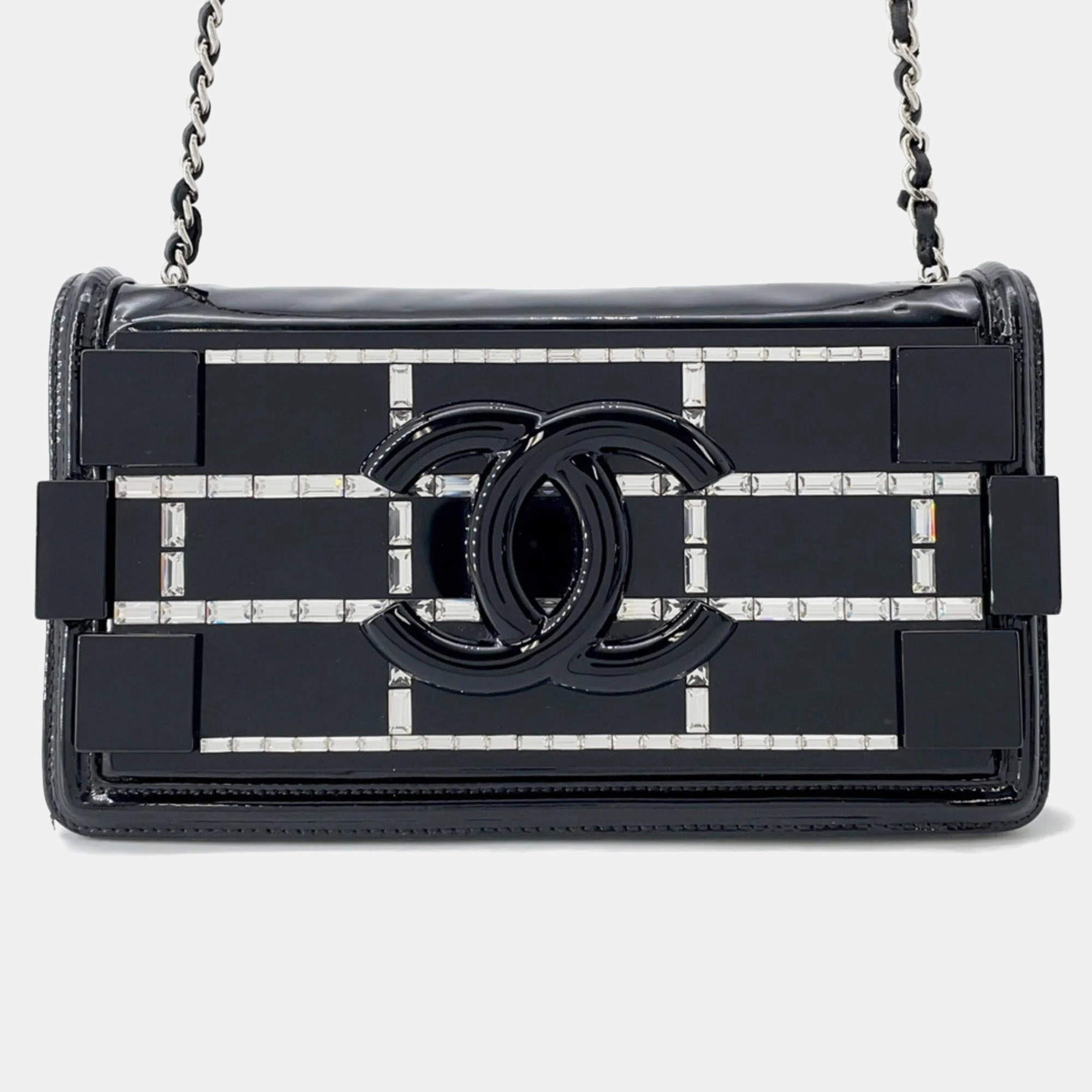 Pre Owned حقيبة شانيل سلسلة كتف ليغو بوي كوكاو مارك جلود لامعة وأحجار الراين سوداء