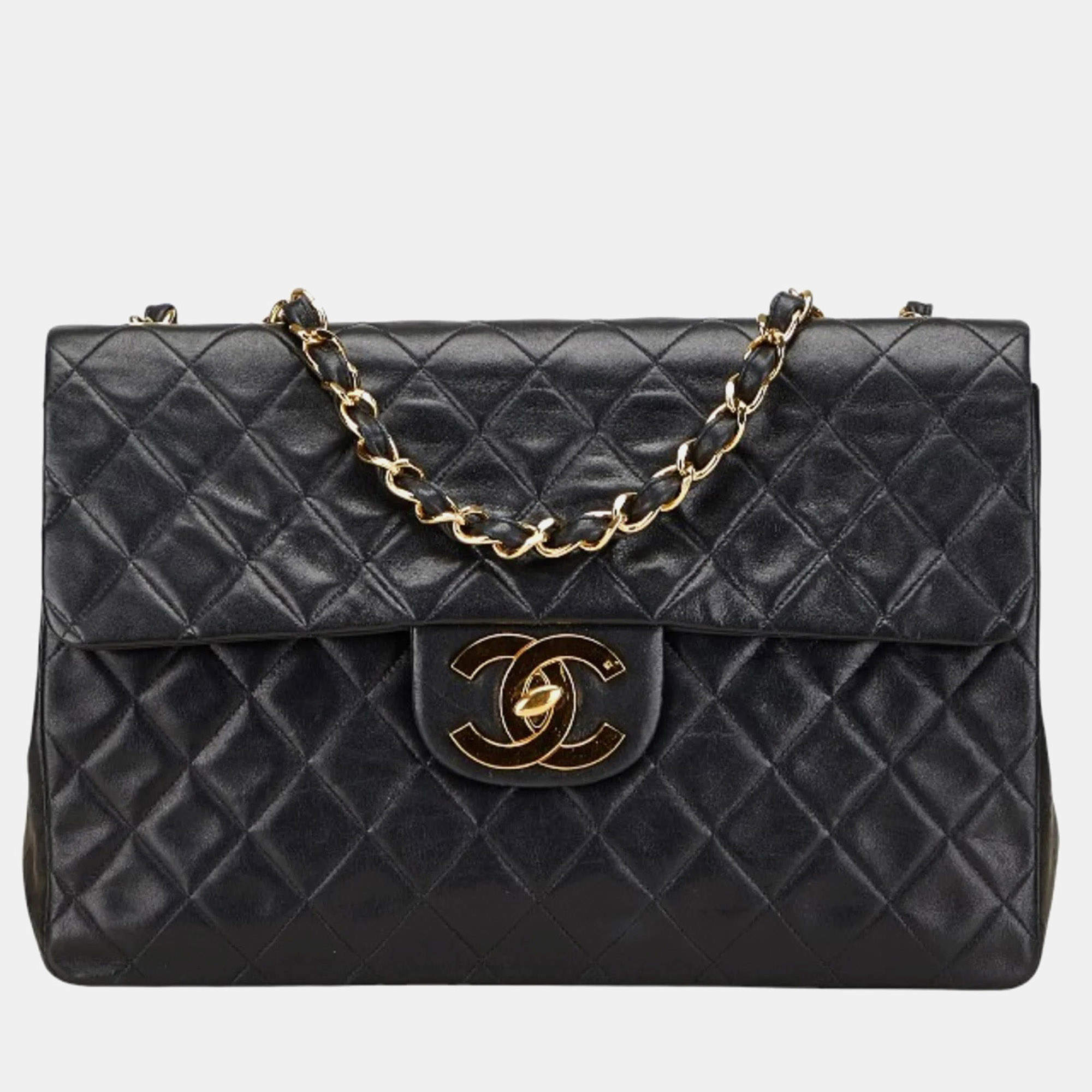 Pre Owned Chanel Matelasse Coco Mark Chain Shoulder Bag Handbag Black Lambskin