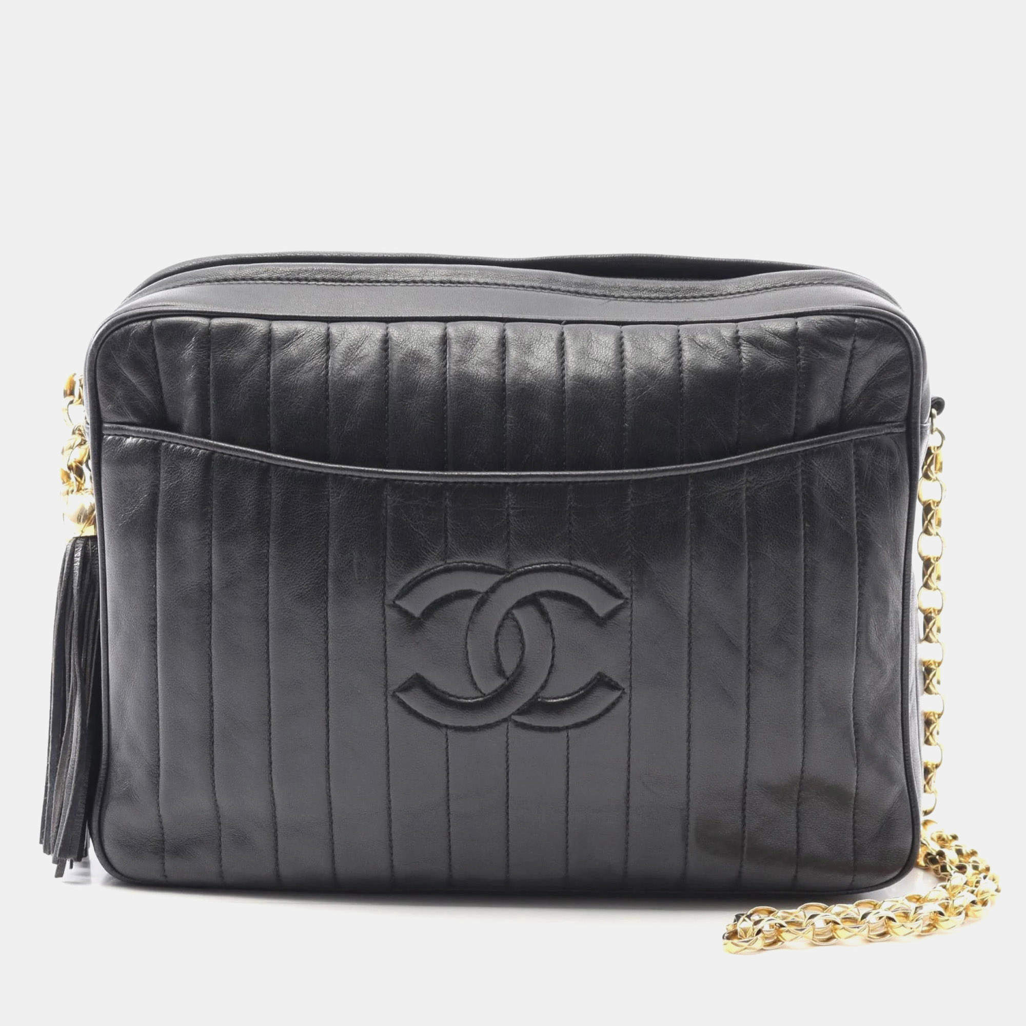 Pre Owned Chanel Mademoiselle Coco Mark Shoulder Bag  Lambskin Leather  Black