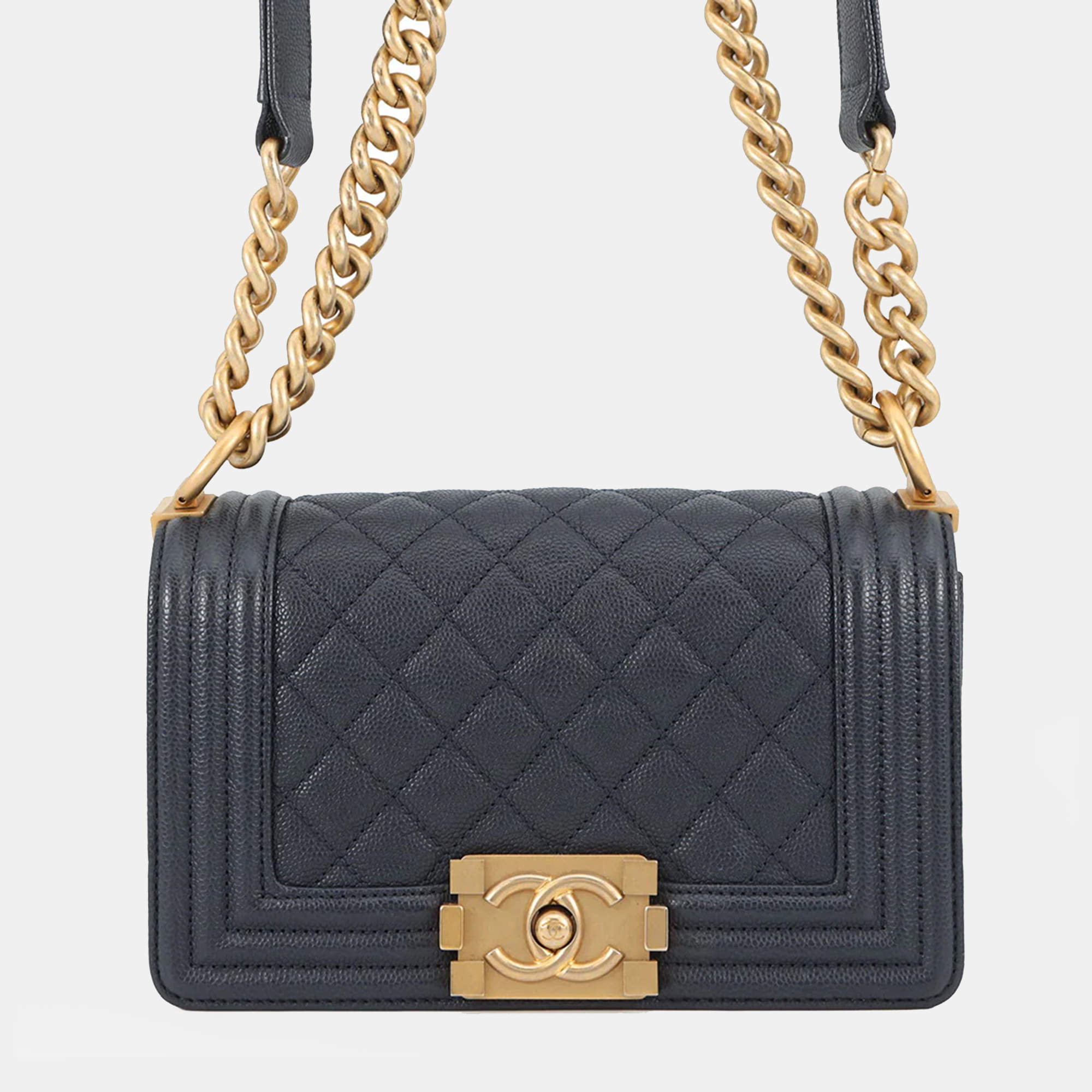 Pre Owned Chanel Boy Mini Navy Caviar Leather Chain Shoulder Bag