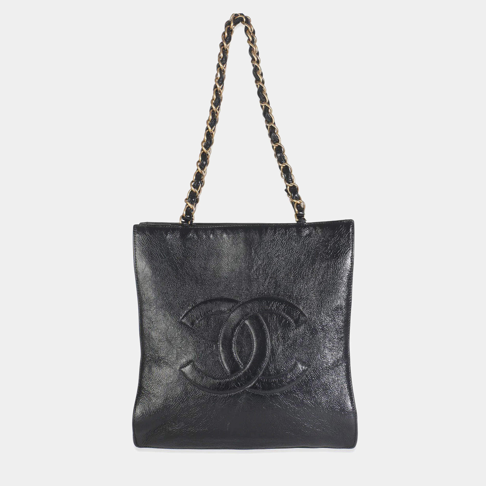 Pre Owned Chanel Black Shiny Aged Calfskin North South Shopping Bag