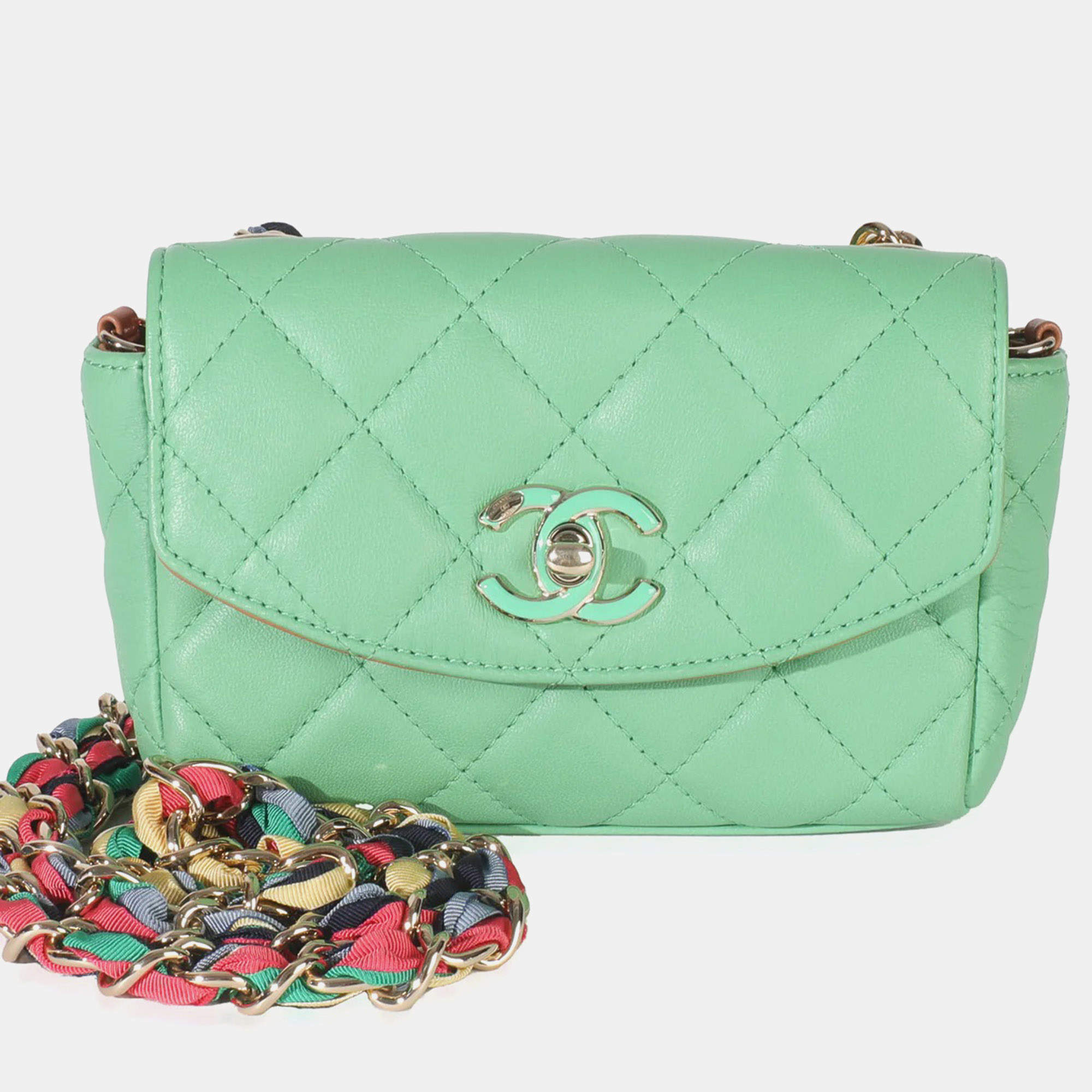 Pre Owned Chanel Green Quilted Lambskin Ribbon Chain Mini Flap Bag