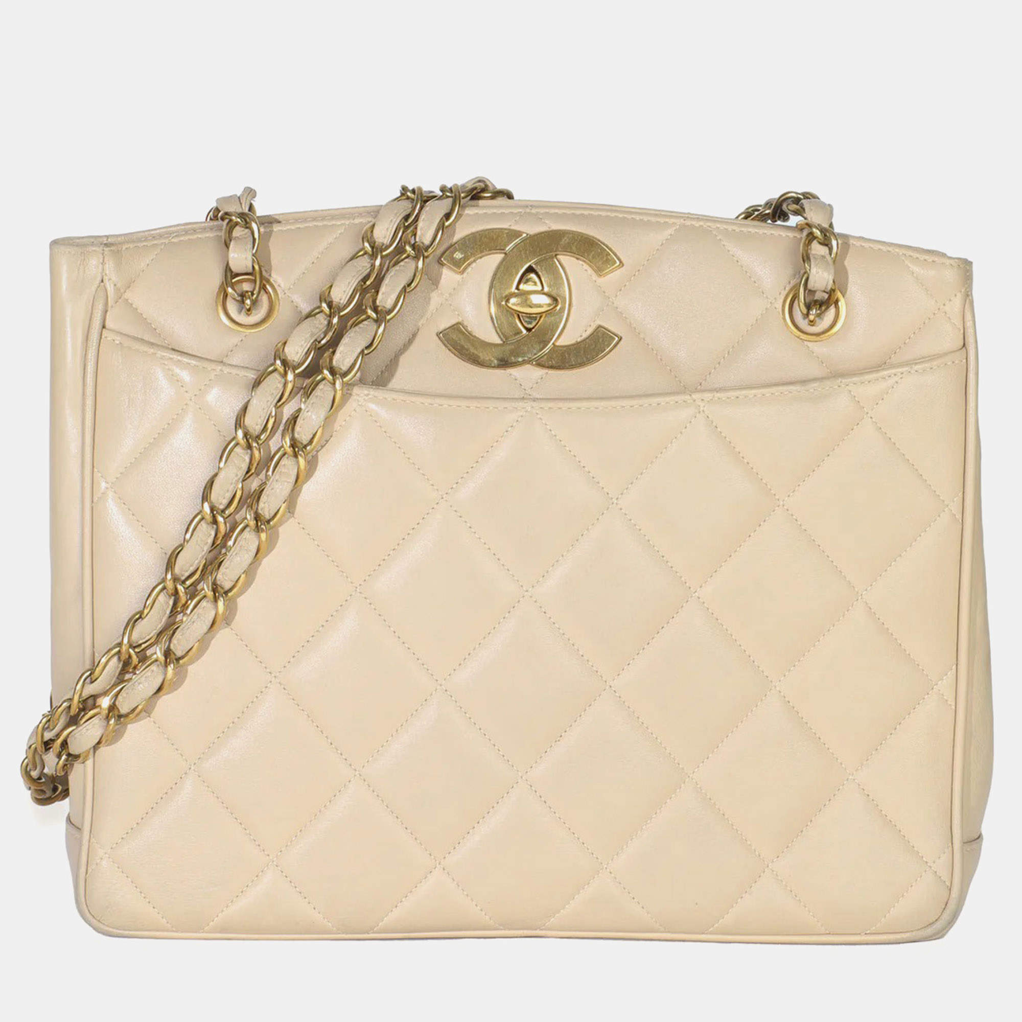 Pre Owned Chanel Vintage Beige Quilted Lambskin CC Shoulder Tote