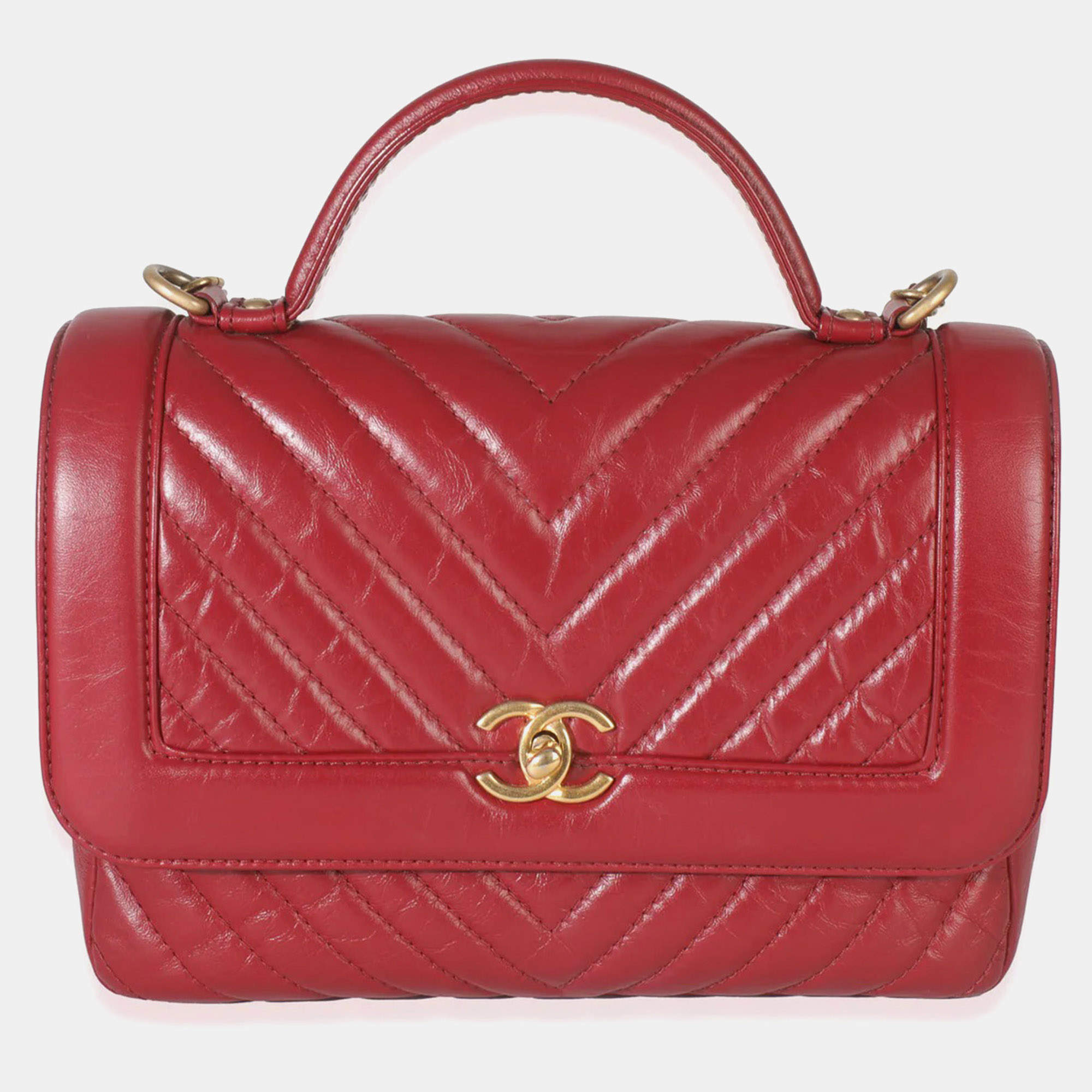 Pre Owned Chanel Red Chevron Calfskin Top Handle Flap Bag