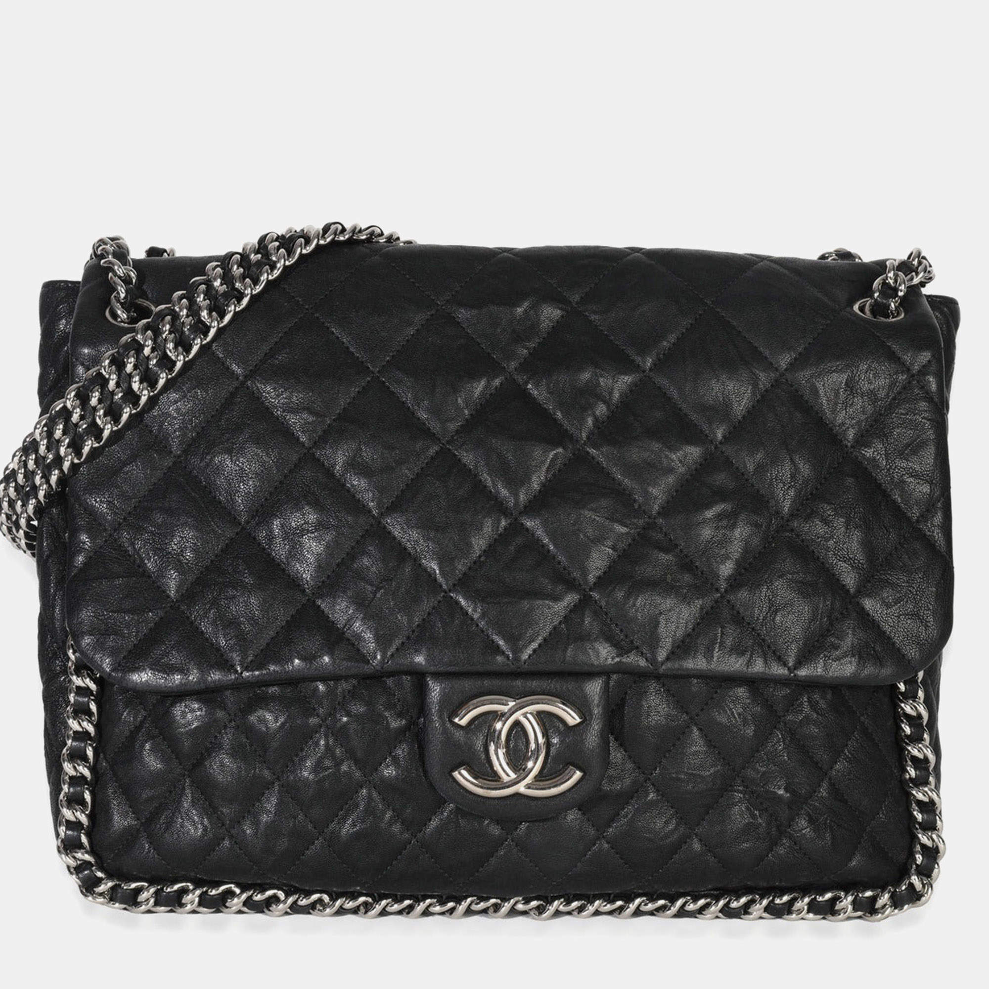 Pre Owned Chanel Black Quilted Washed Lambskin Chain Around Maxi Flap Bag