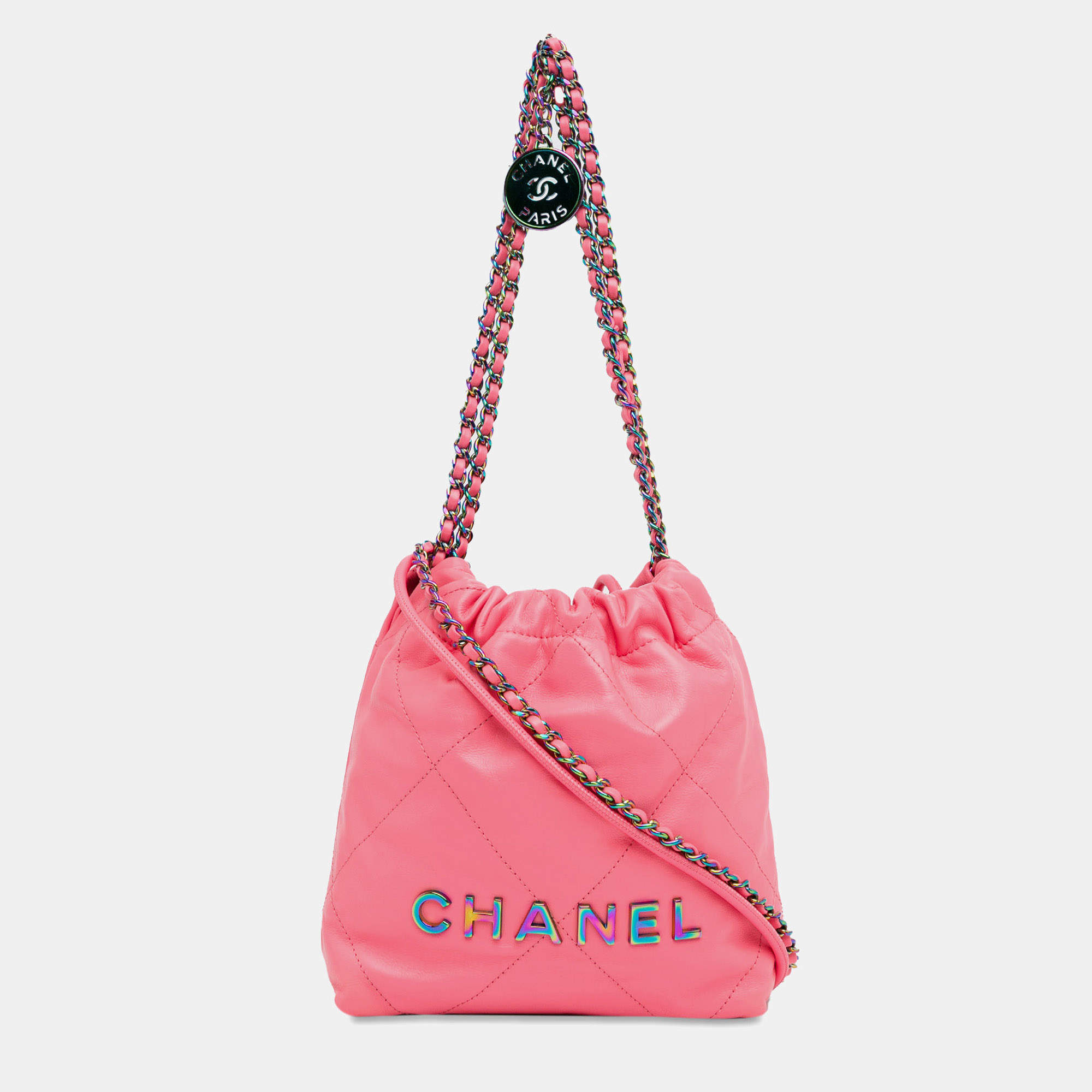 Pre Owned Chanel Pink Mini Shiny Calfskin Rainbow Hardware 22 Handbag