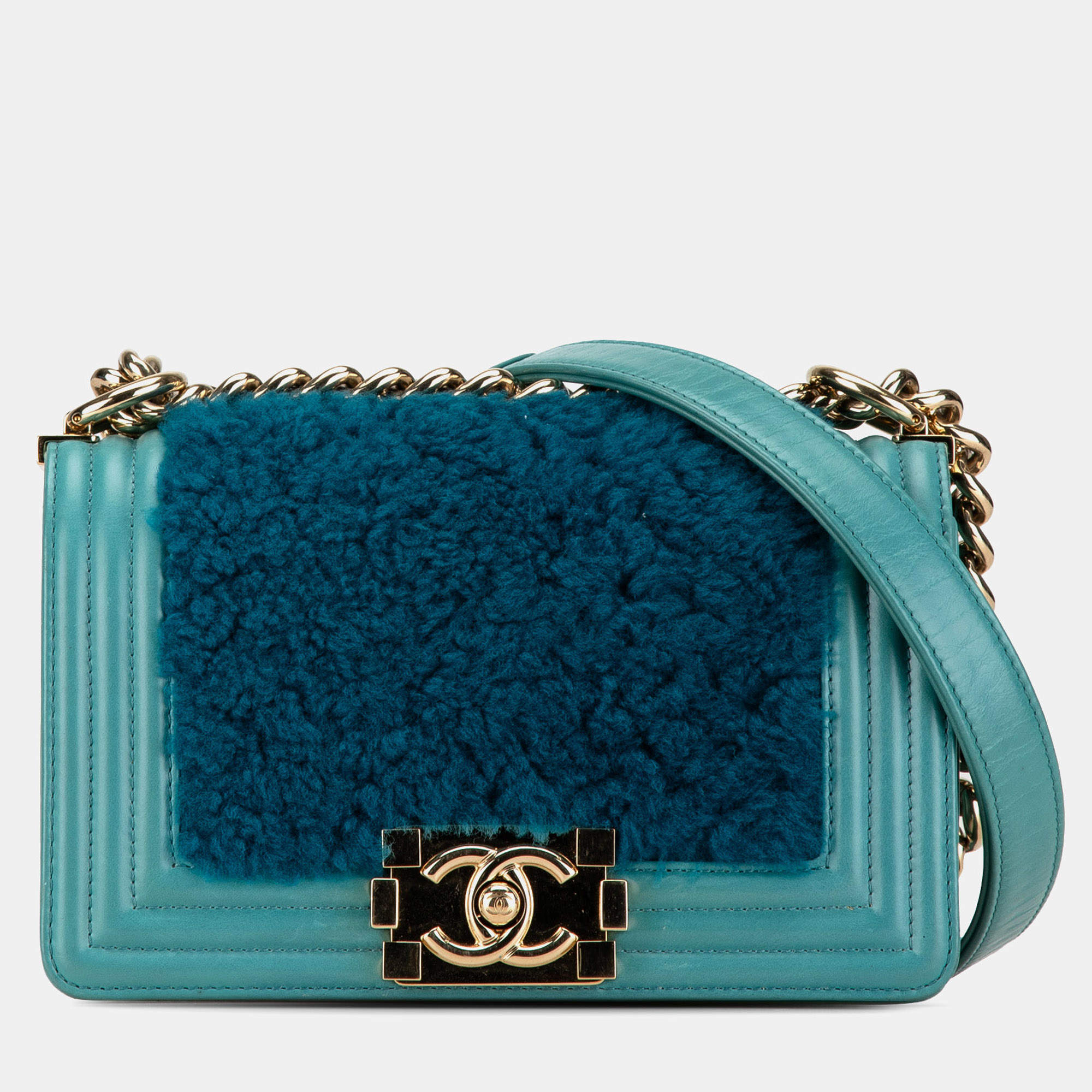 Pre Owned Chanel Blue Small Shearling Boy Flap