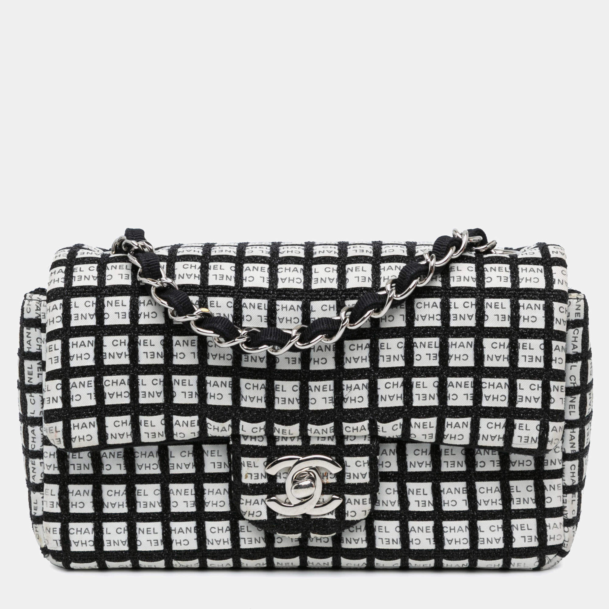 Pre Owned Chanel Black White Mini Rectangular Classic Ribbon Tweed Double Flap