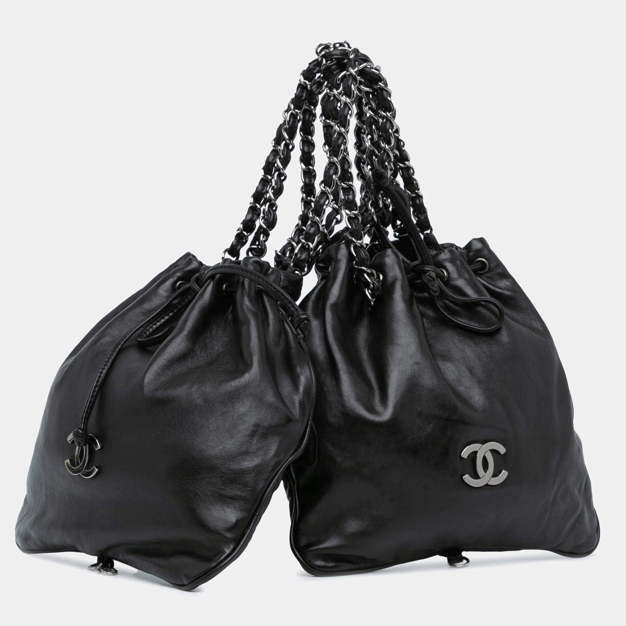 Pre Owned Chanel Black CC Calfskin Dual Twin Chain Handbag