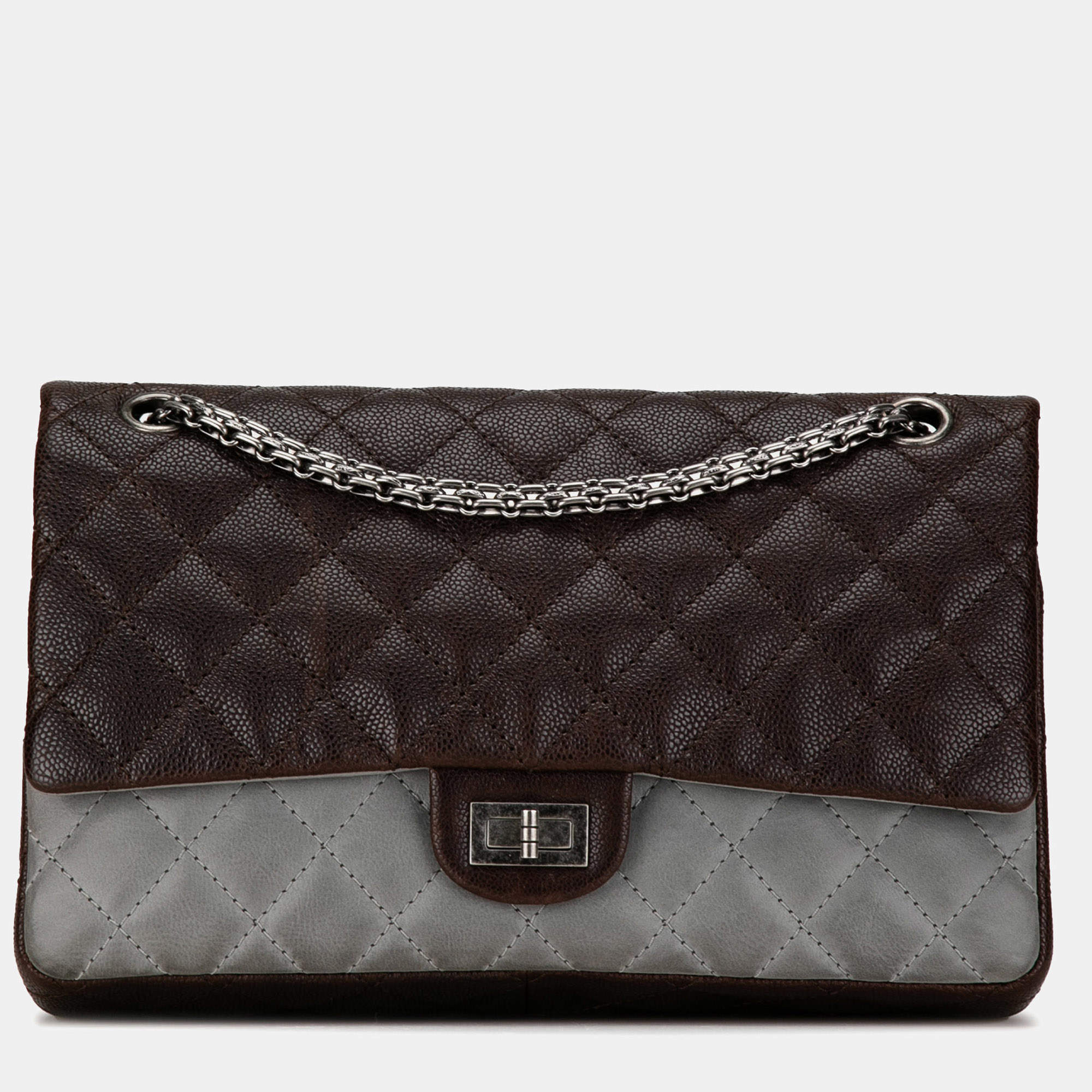 Pre Owned Chanel Brown Caviar and Iridescent Calfskin Reissue 2.55 Double Flap 226