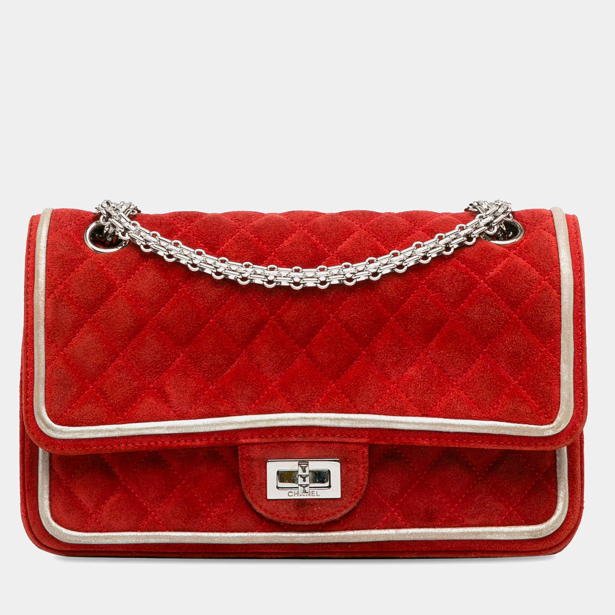 Pre Owned Chanel Red Medium Suede Re-issue 2.55 Double Flap