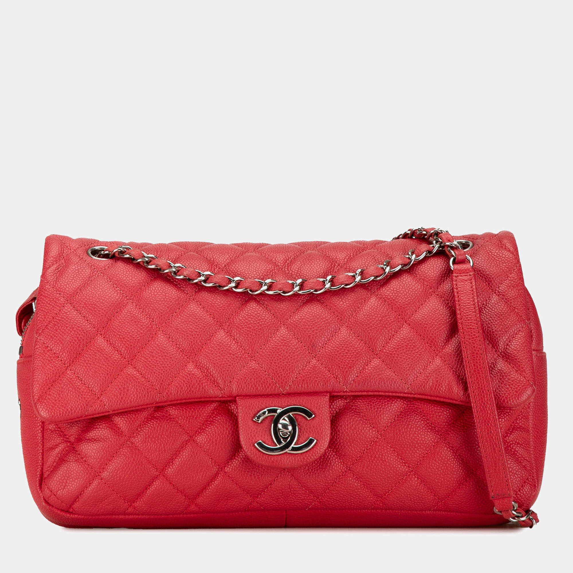 Pre Owned Chanel Red Jumbo Caviar Easy Flap Bag