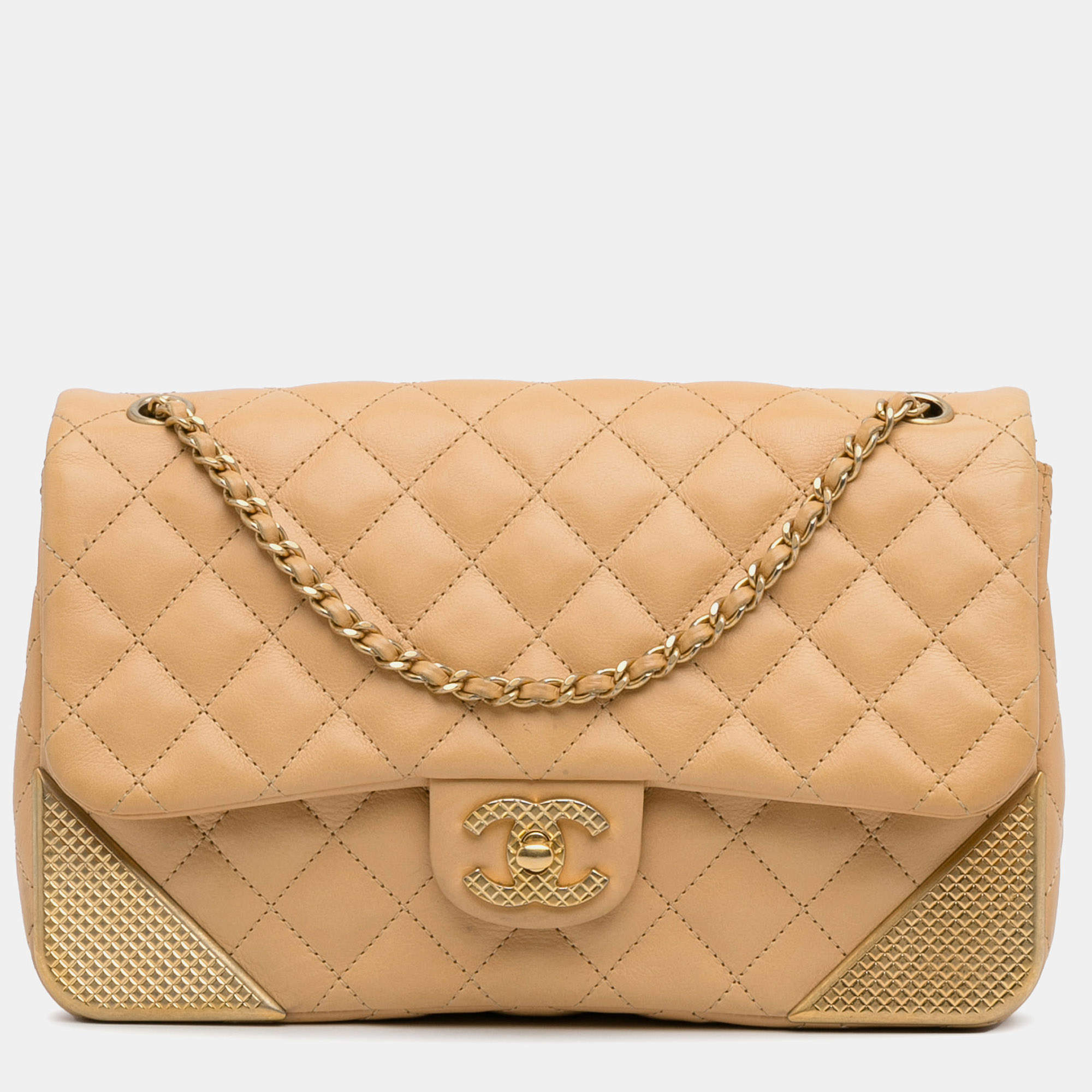 Pre Owned Chanel Yellow Medium Classic Lambskin Metal Edge Shoulder Bag