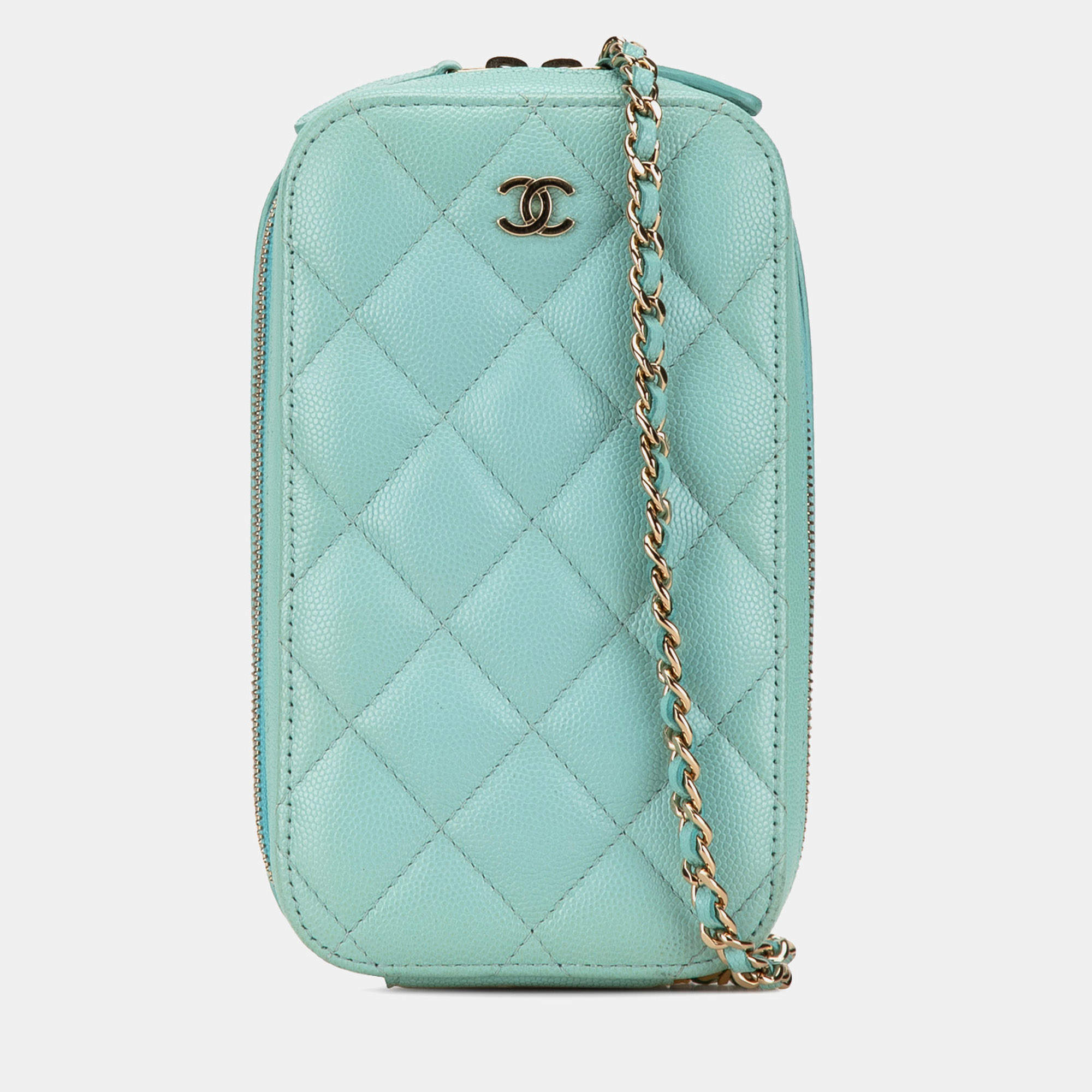 Pre Owned Chanel Blue CC Quilted Caviar Zip Phone Case