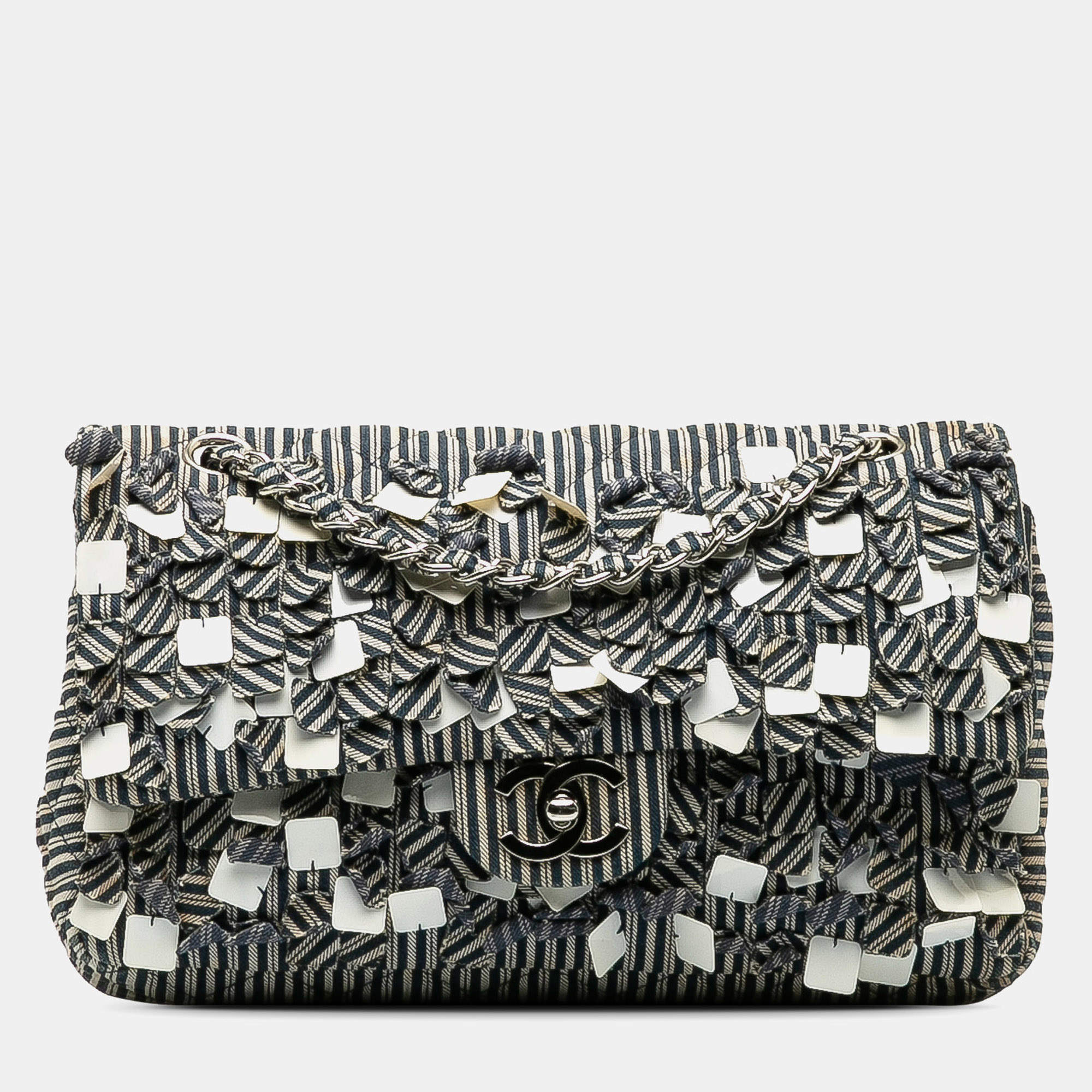 Pre Owned حقيبة شانيل متوسطة قطنية مخططة مزدوجة الرفرف زرقاء