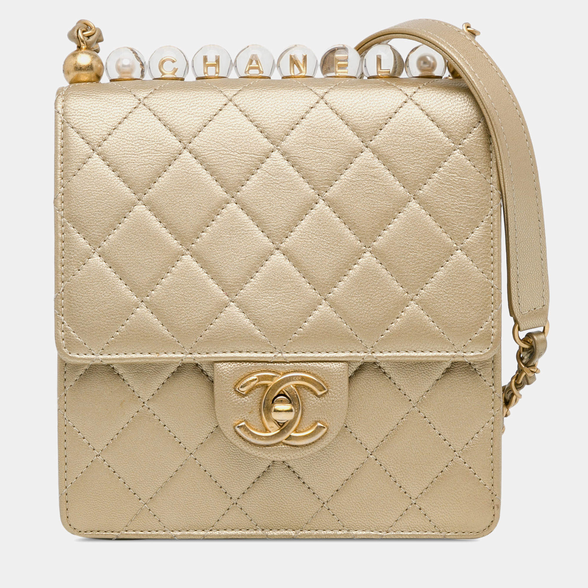 Pre Owned Chanel Gold Small Lambskin Chic Pearls Flap