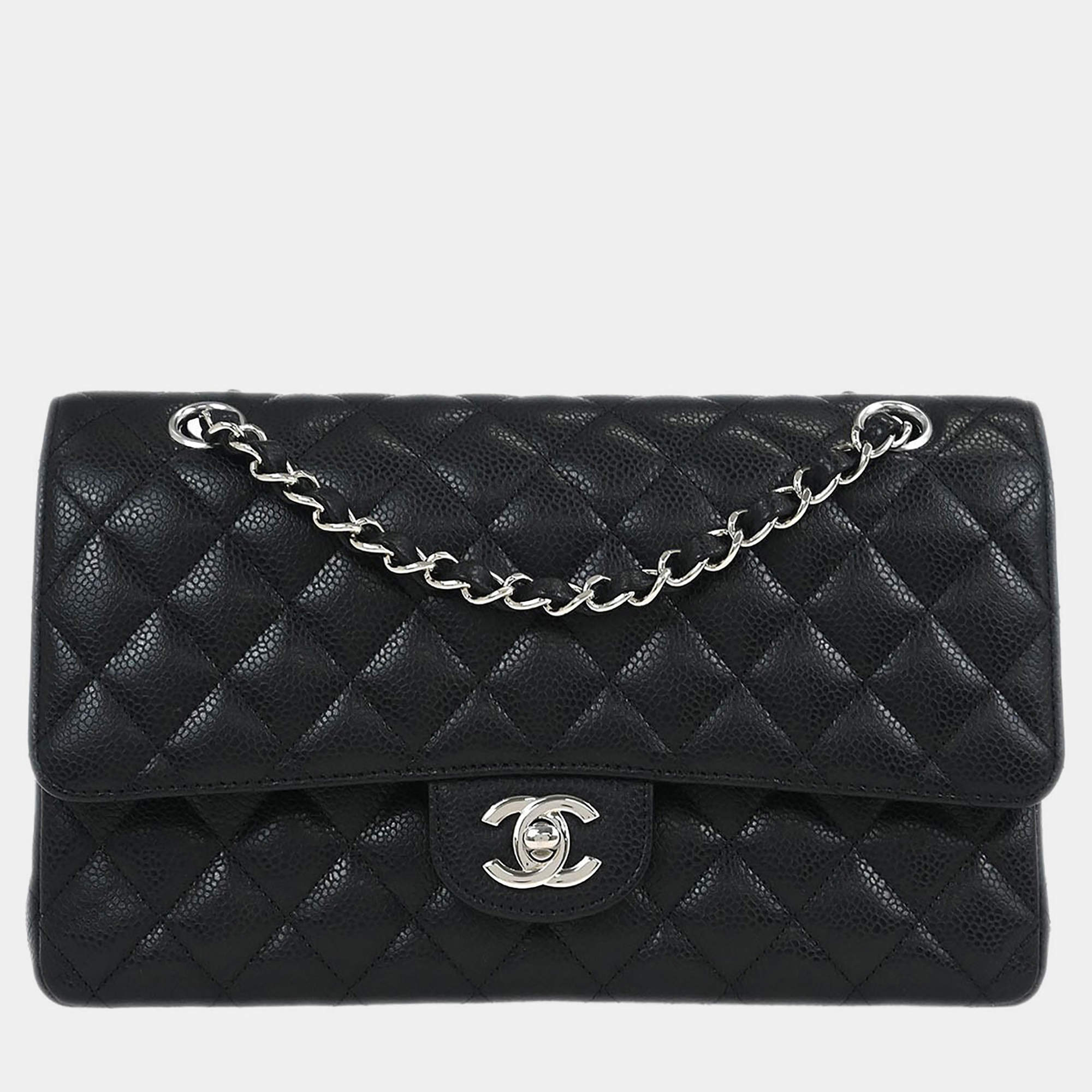 Pre Owned Chanel Classic Double Flap Medium Black Calfskin Leather Shoulder Bag