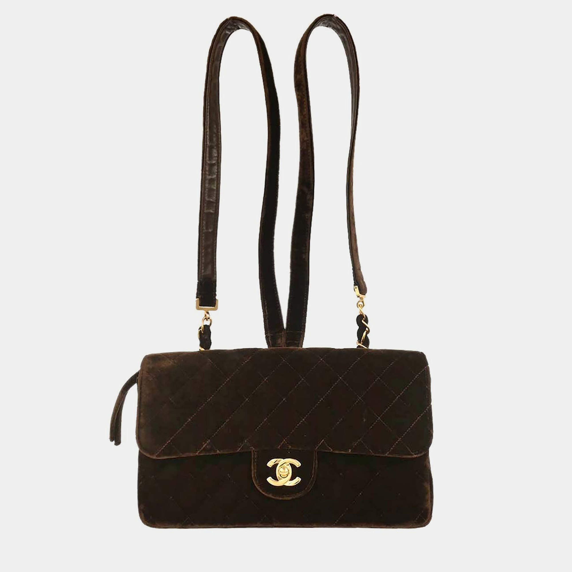 Pre Owned حقيبة ظهر شانيل مخمل بني سلسلة