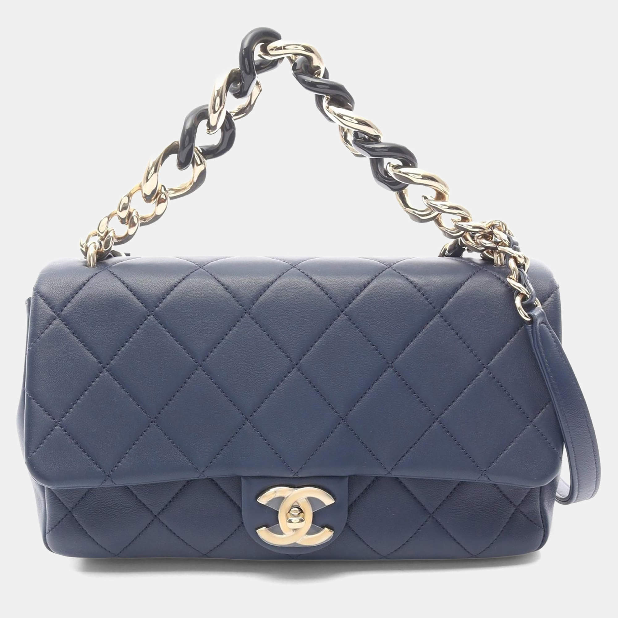 Pre Owned Chanel Elegant Navy Leather Shoulder Bag