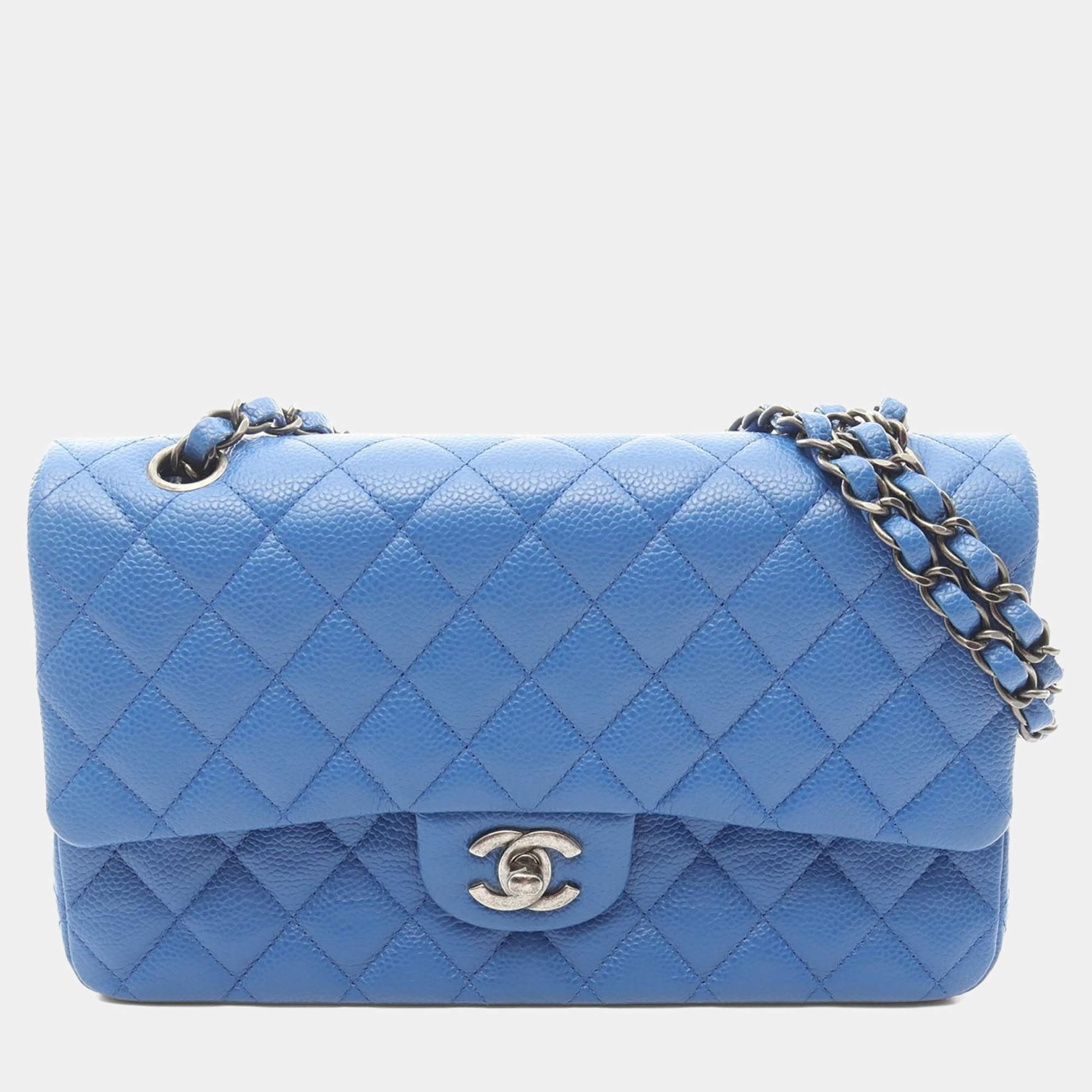 Pre Owned Chanel Classic Double Flap Medium Blue Leather Shoulder Bag