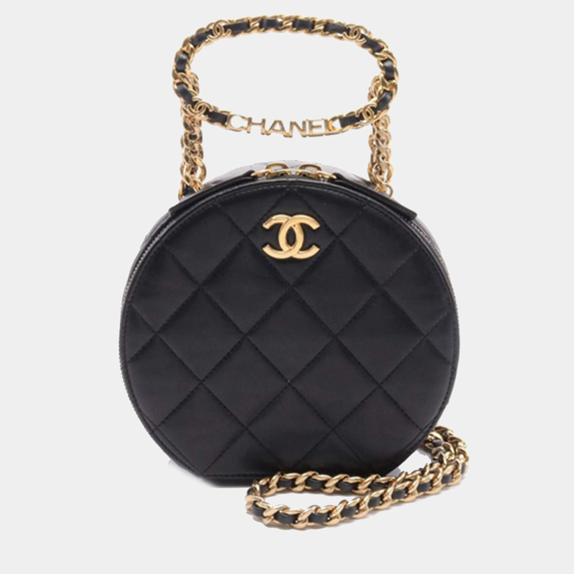 Pre Owned Chanel Black Quilted Lambskin Oval Logo Chain Top Handle Round Clutch on Chain