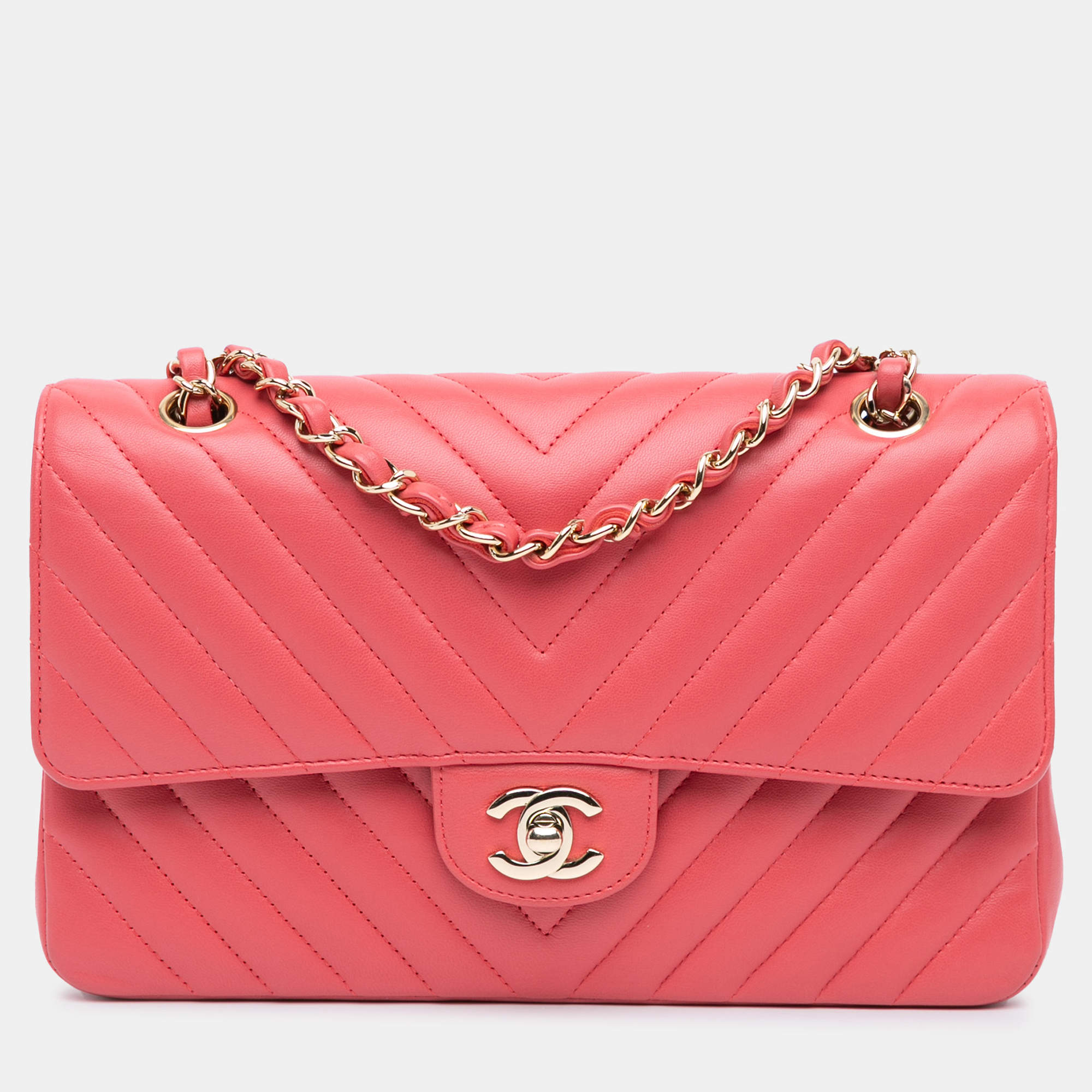 Pre Owned Chanel Pink Medium Classic Chevron Lambskin Double Flap
