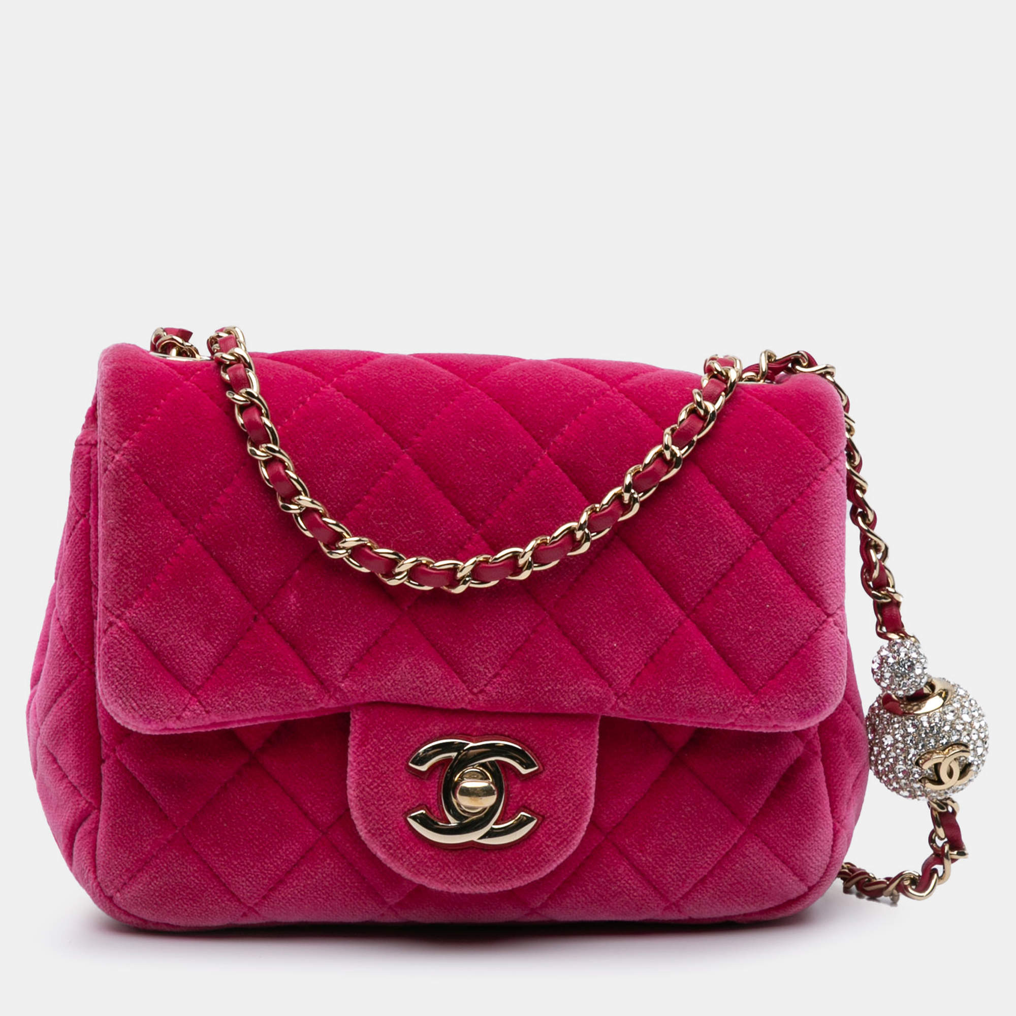 Pre Owned حقيبة شانيل شابك وحيد كلاسيكية مربع صغير مخملي لؤلؤي مطحون وردي