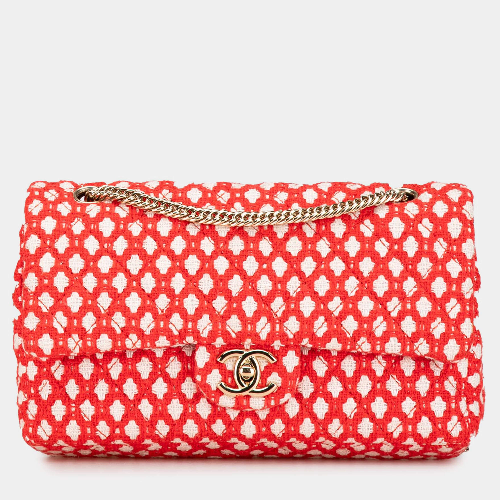 Pre Owned Chanel Red Jumbo Tweed Double Flap