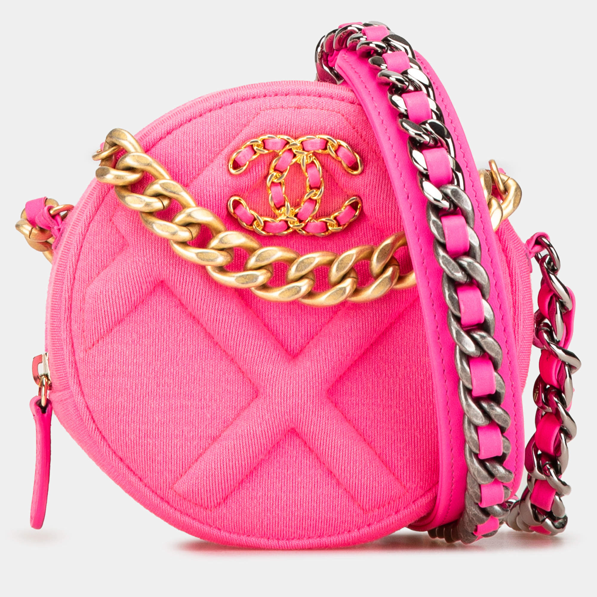 Pre Owned Chanel Pink Jersey 19 Round Clutch on Chain