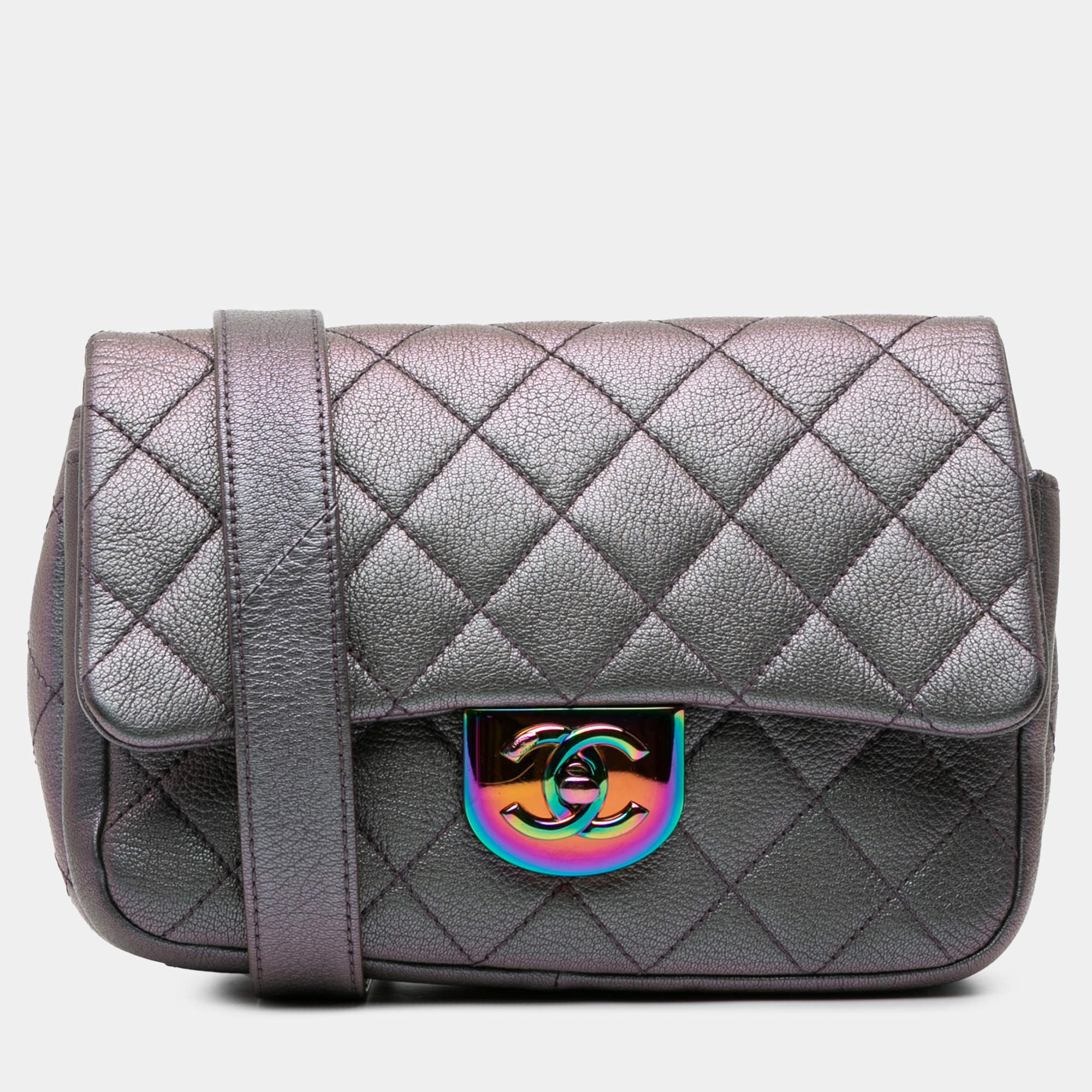 Pre Owned Chanel Purple Small Iridescent Goatskin Rainbow Hardware Double Carry Waist Chain Flap